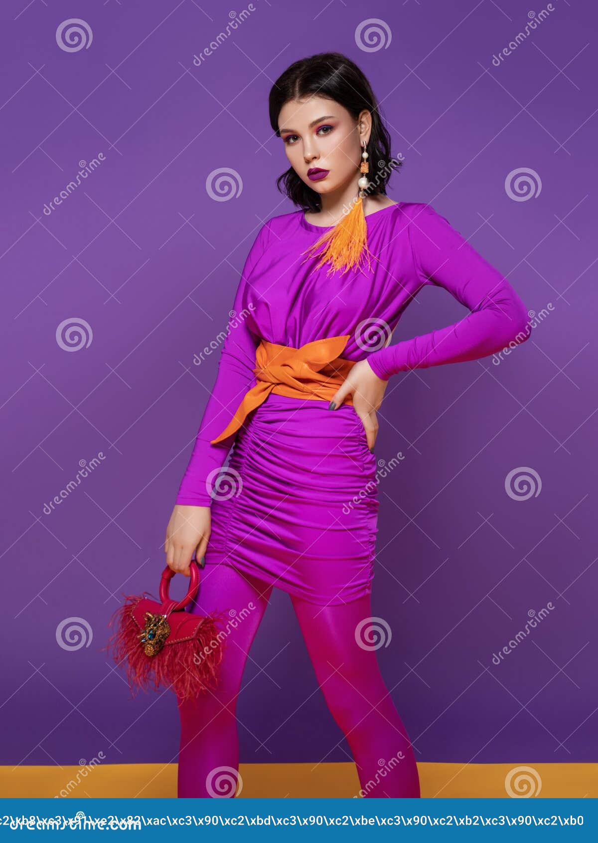 Mujer Con Un Vestido Morado Y Con Una Bolsa Imagen de archivo - Imagen de  belleza, estilo: 203878187