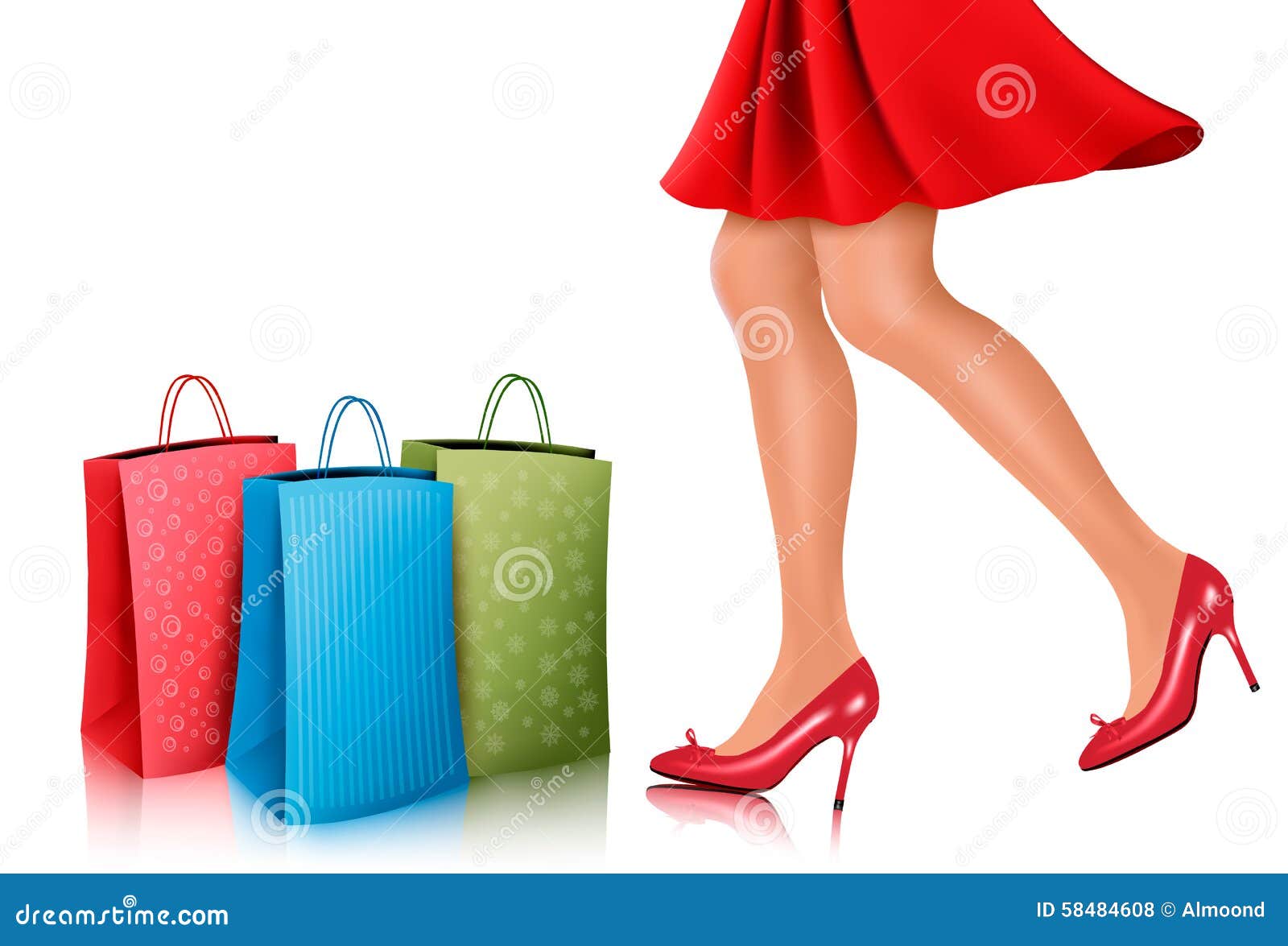 Mujer De Las Compras Que Lleva Los Zapatos Rojos Del Vestido Y Del Tacón Alto Con Shoppi Ilustración del Vector - Ilustración de bolsos: 58484608