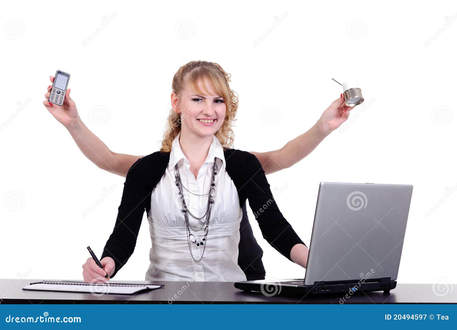 Mujer De Negocios Con Cuatro Brazos Imagen de archivo - Imagen de