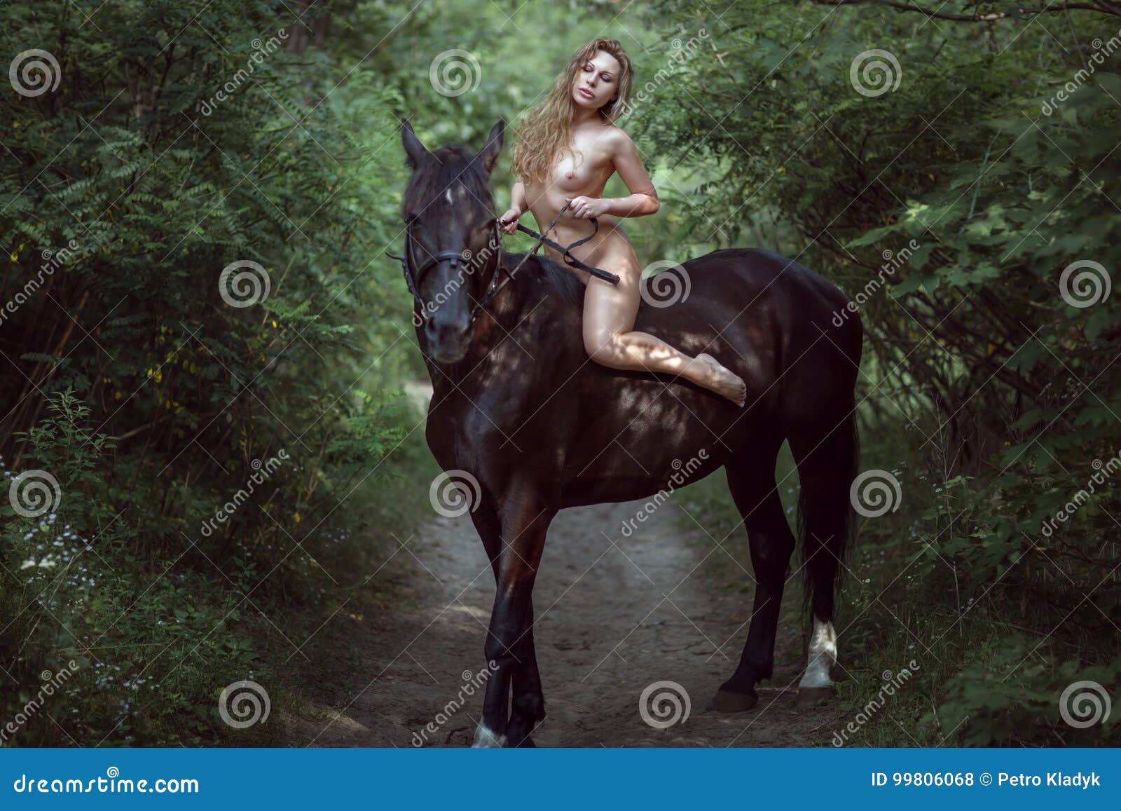 Mujer Desnuda En El Bosque Que Monta Un Caballo Foto de archivo - Imagen de  semental, melena: 99806068