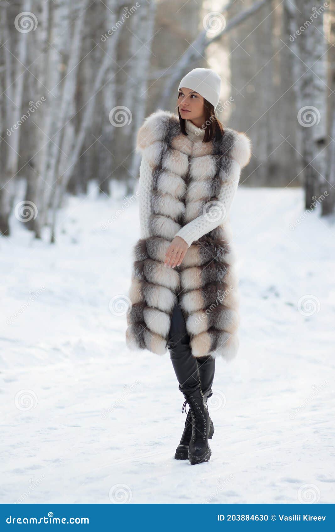 Mujer Elegante En Ropa De Invierno En Bosques Foto de archivo