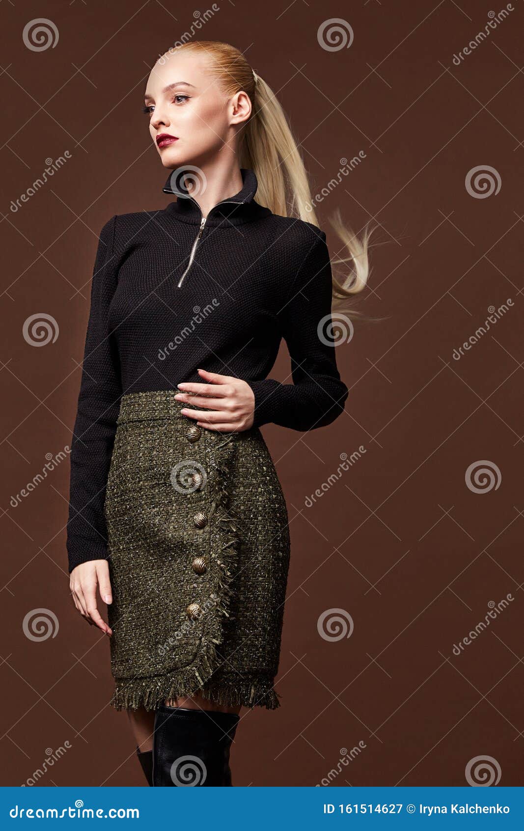 Mujer Guapa Sexy Usa Falda Blusa Disfraz Casual Colección De Ropa Catálogo Larga Pelo Rubio Modelo Fiesta De Imagen de archivo - Imagen de elegante, peinado: