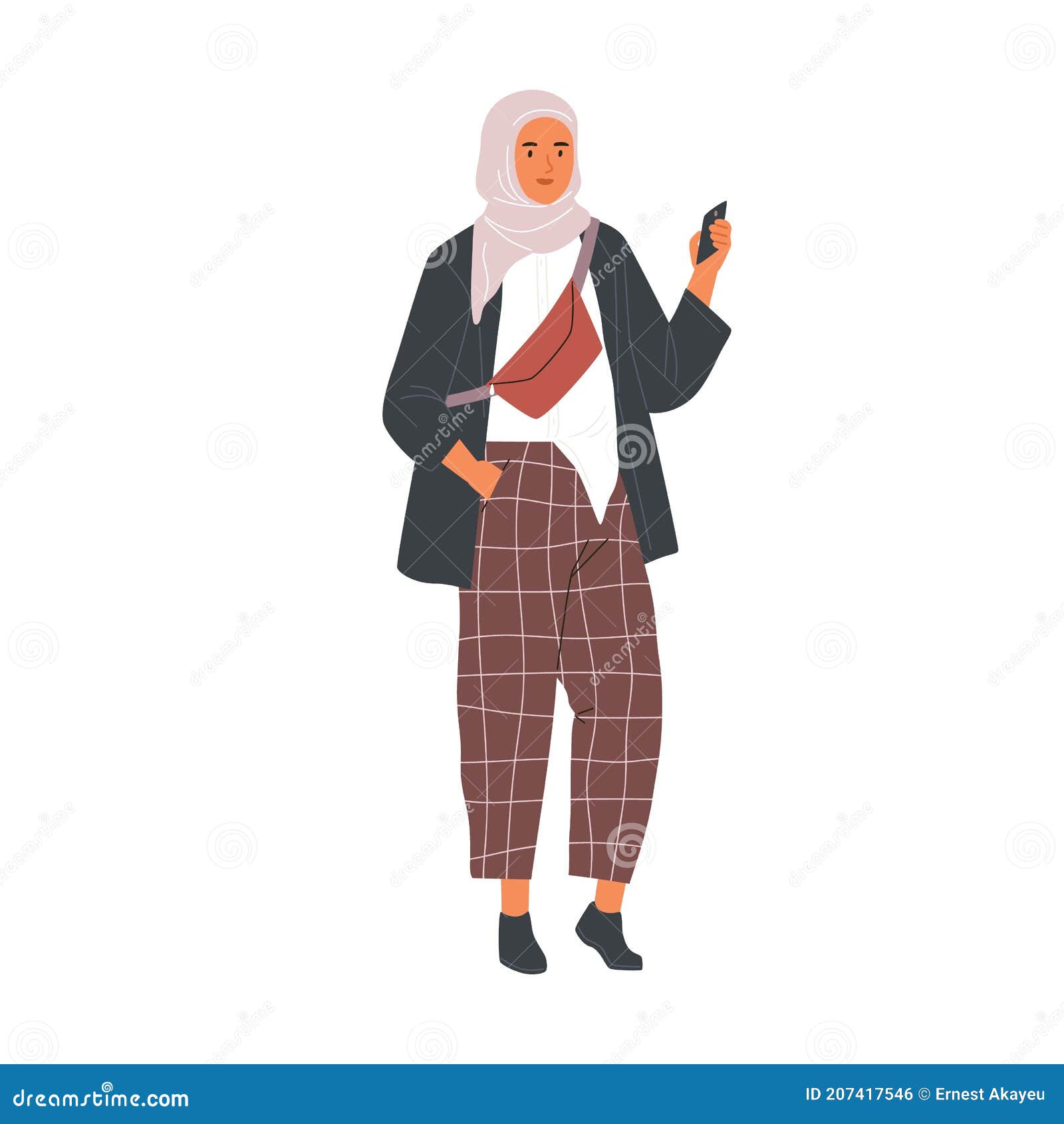 Mujer Musulmana Moderna Con Ropa Informal De Moda Y Hijab Usando El Teléfono. Personaje Femenino árabe Moda En Pantalones Y Ilustración del Vector - Ilustración de estilo, abatido: 207417546