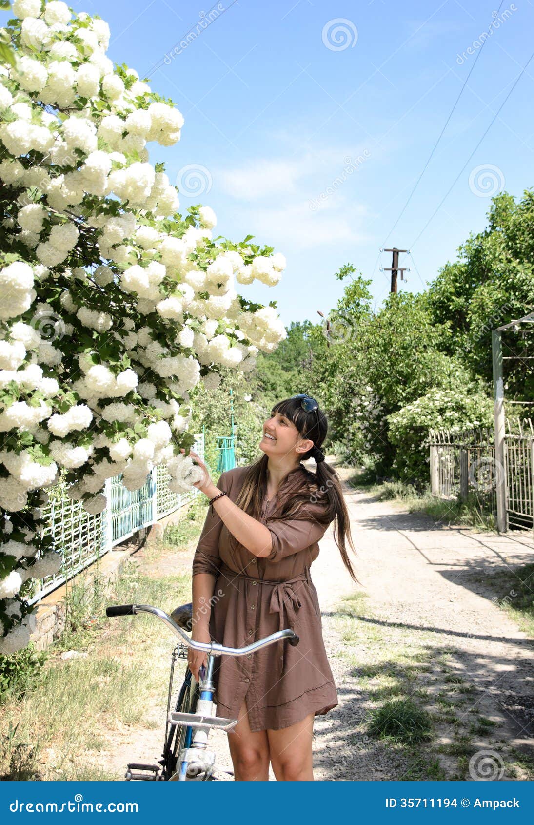 Mujer Que Para Admirar Un árbol En Flor Foto de archivo - Imagen de flor,  manillares: 35711194