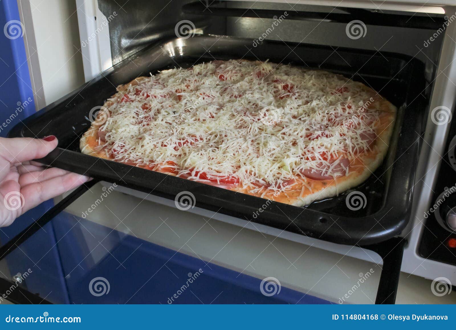 Mujer Que Pone Una Bandeja De Pizza En El Horno Eléctrico Foto de archivo -  Imagen de humano, cierre: 114804168