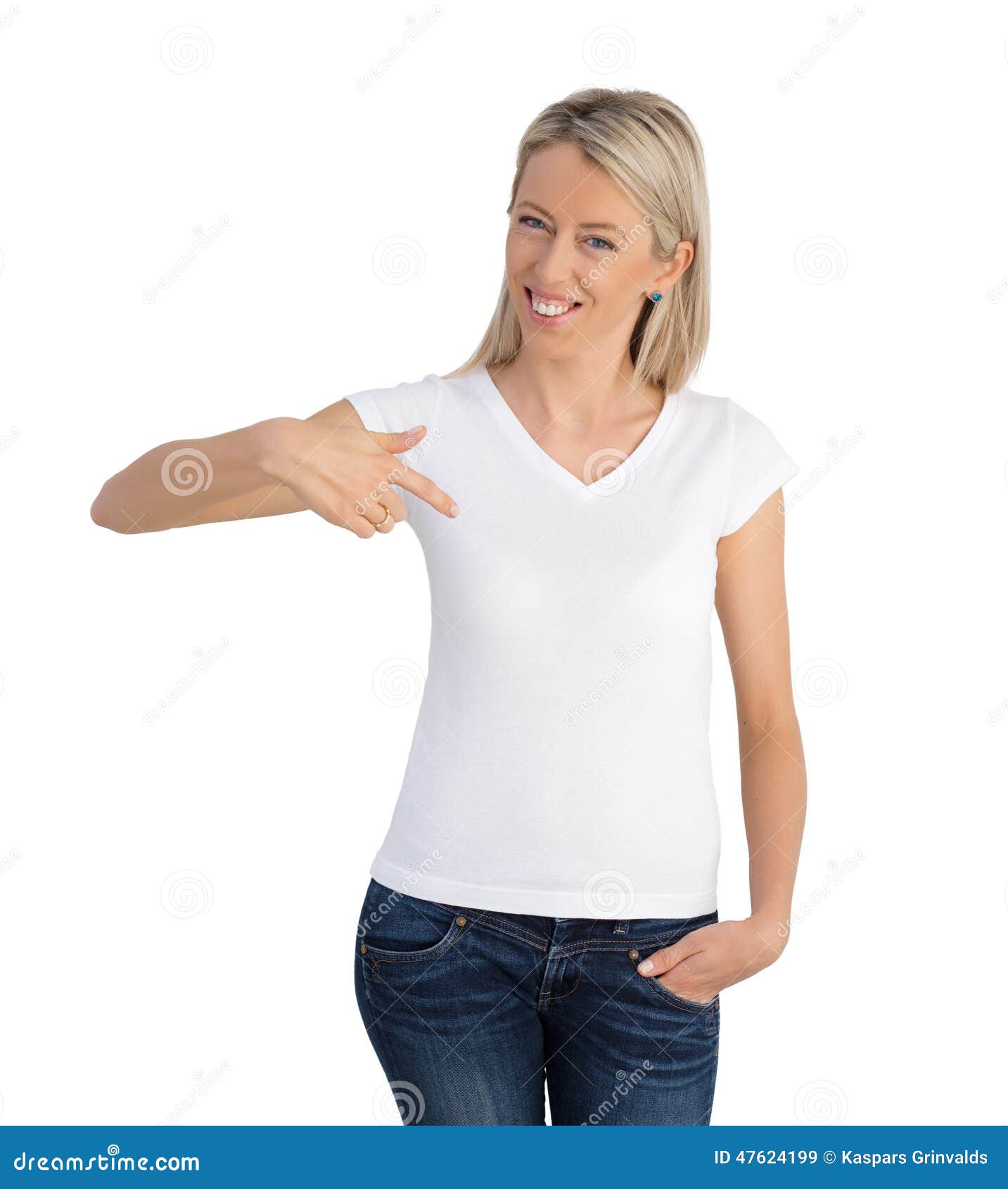 Mujer Que Señala a Su Camisa Blanca Cuello En V Imagen de archivo - Imagen de anuncio, aislado: 47624199