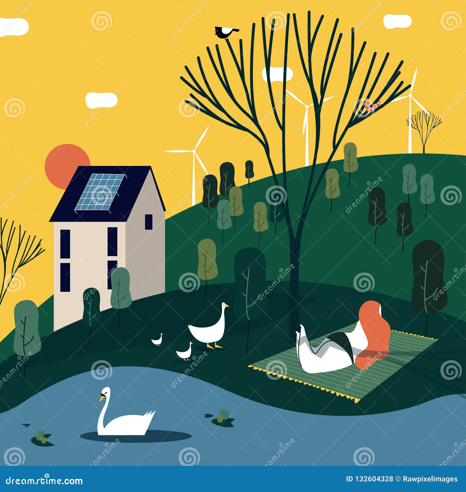 Mujer Que Toma El Sol Cerca Una Casa Situada En Naturaleza Ilustración