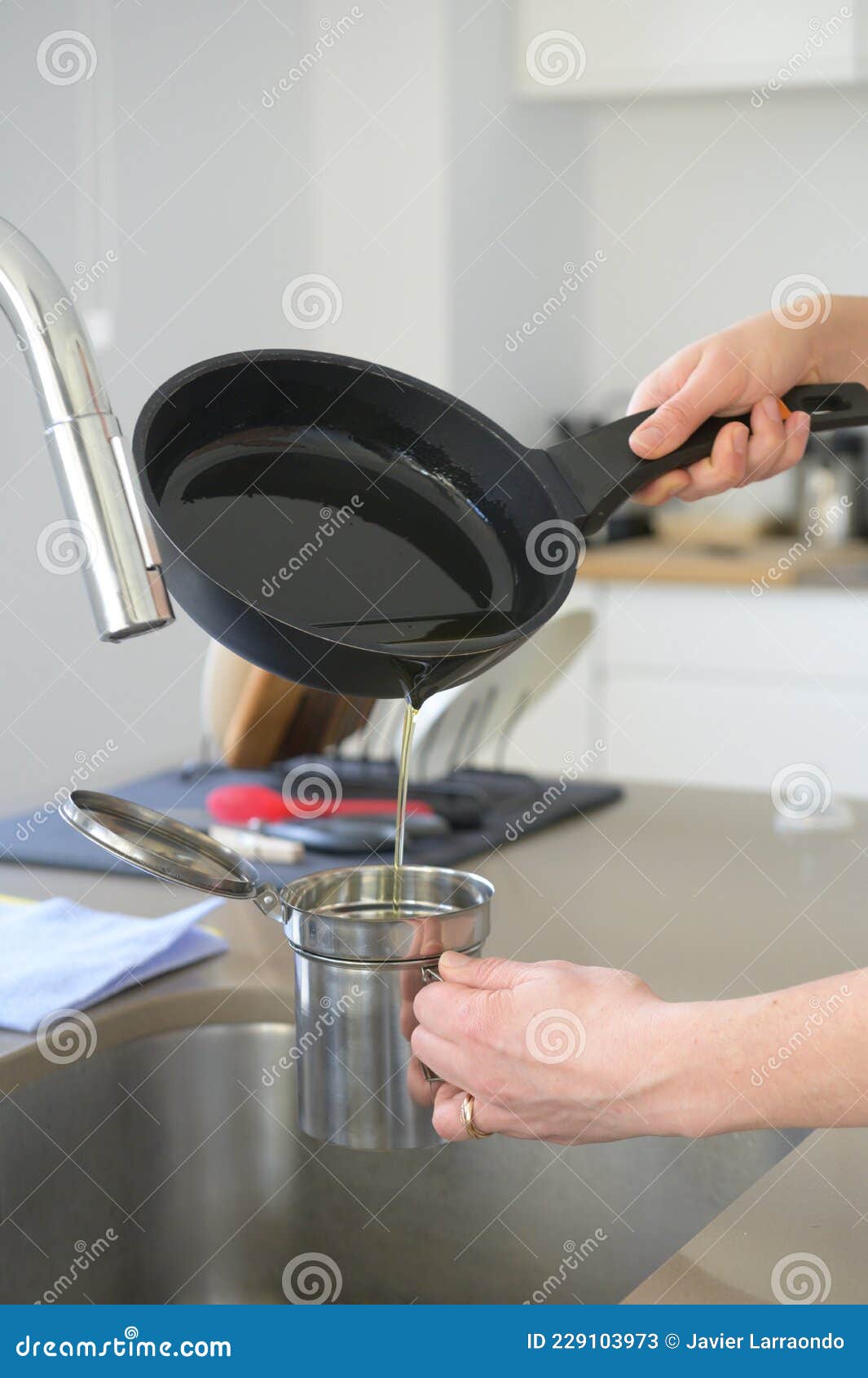 Mujer Vertiendo Aceite De Cocina Usado De Una Vieja Sartén En Un Recipiente  De Cocina De Metal En Su Cocina Imagen de archivo - Imagen de fritura,  suciedad: 229103973
