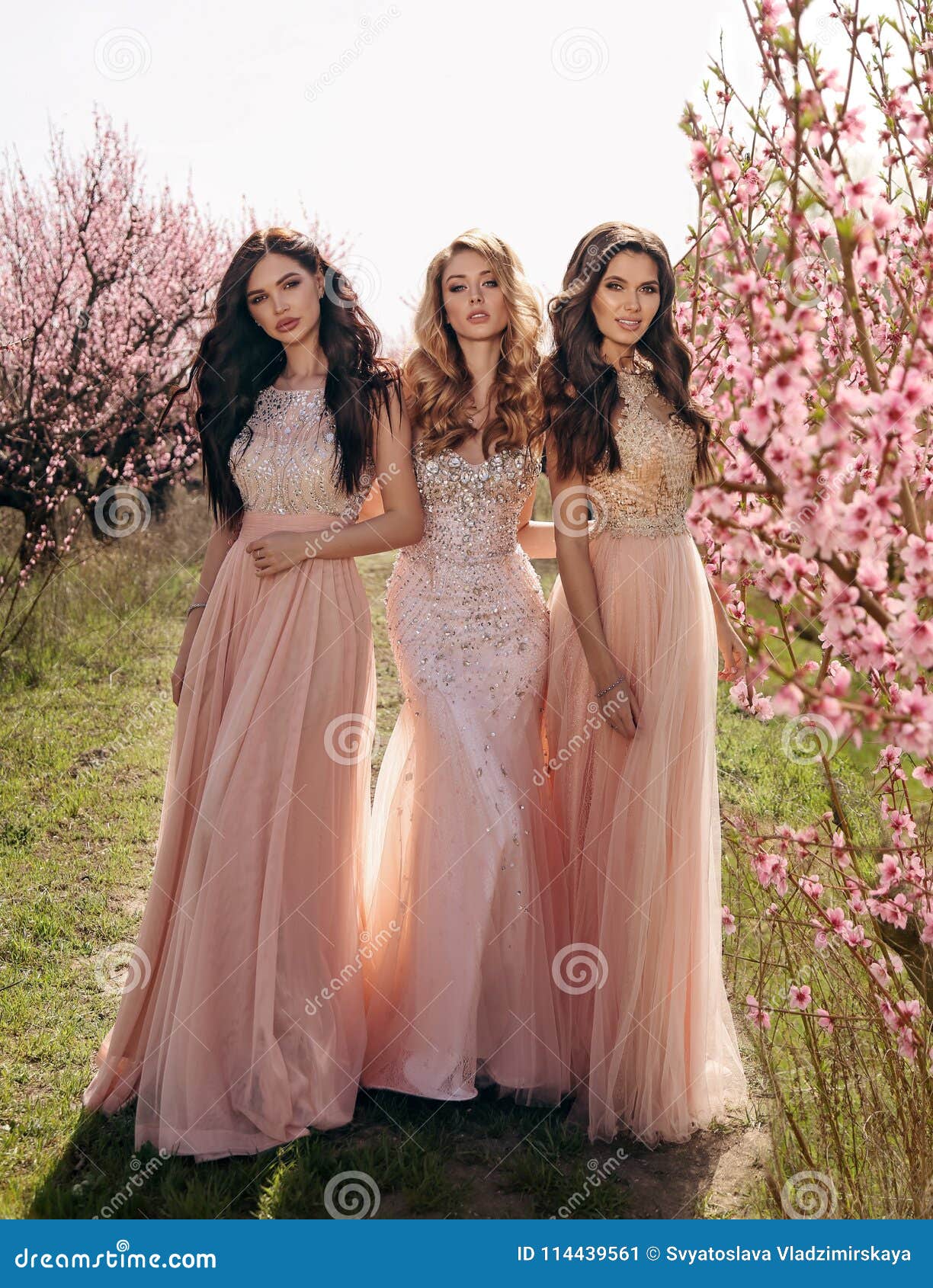 Mujeres Hermosas En Los Vestidos Lujosos Que Presentan Entre Peac  Floreciente Imagen de archivo - Imagen de encanto, elegancia: 114439561