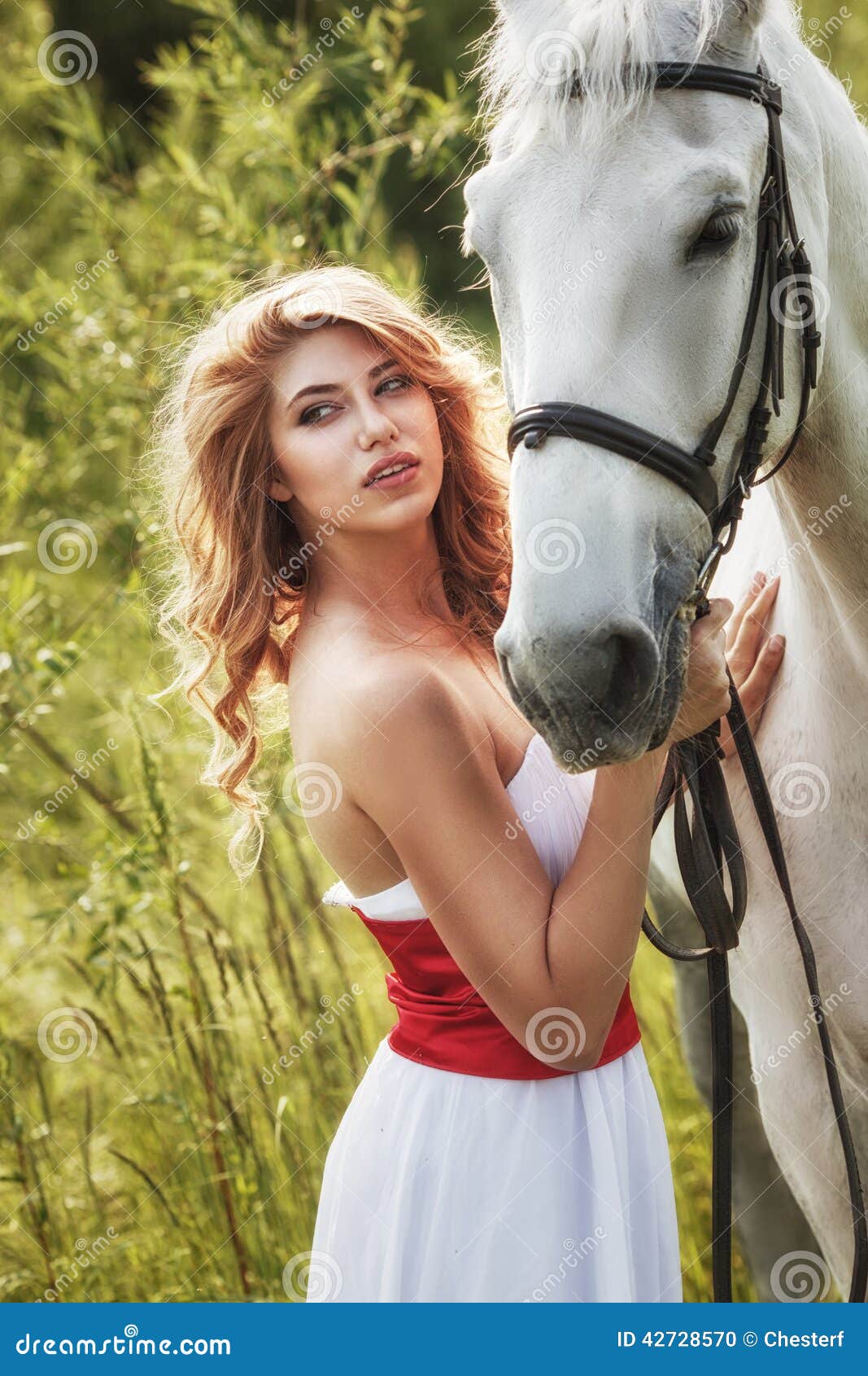 Mujeres Sensuales Hermosas Con El Caballo Blanco Foto De Archivo