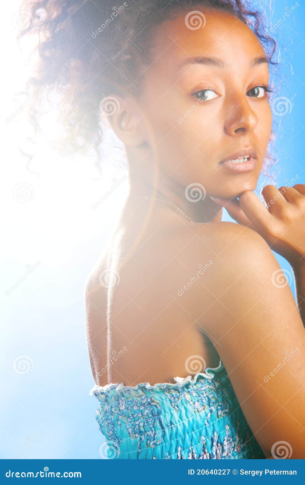 Mulatto Woman On Sky Background Stock Image - Image of american