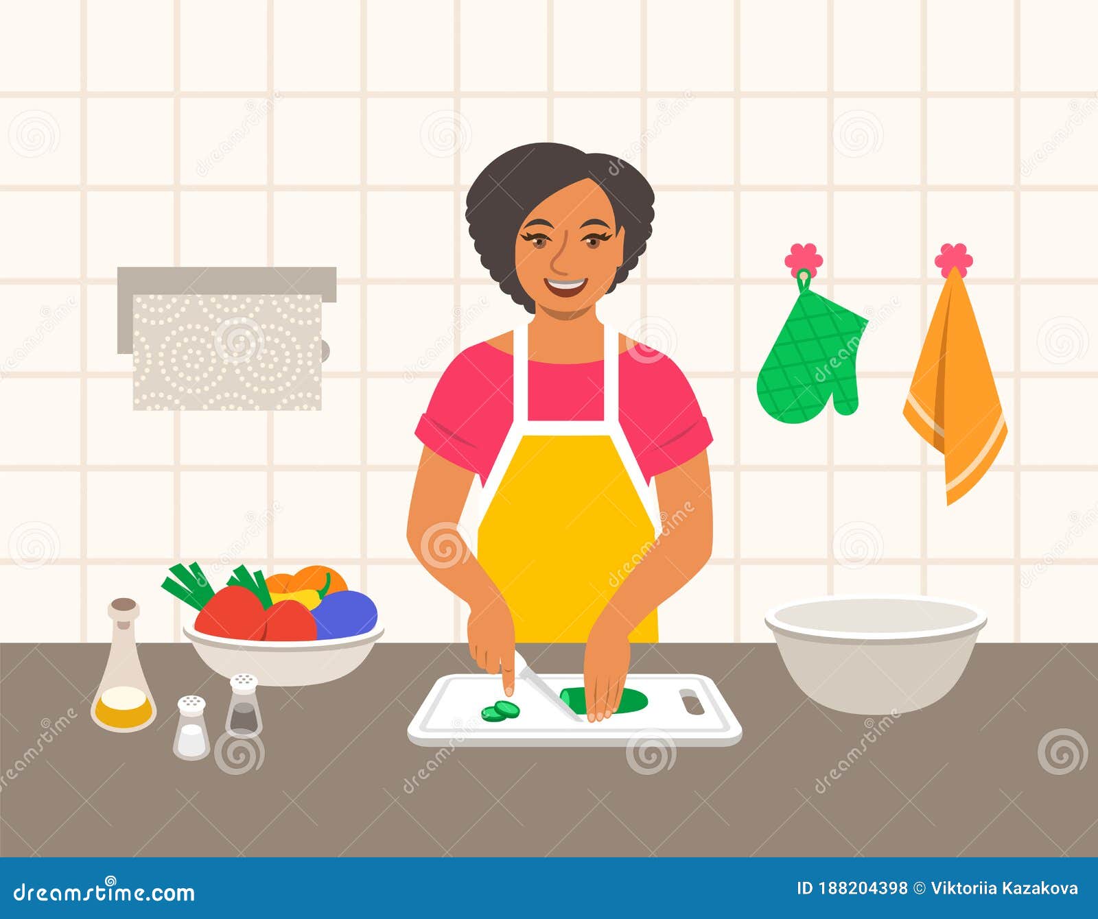 Mulher Negra Corta Legumes Para Salada Na Cozinha Ilustração do Vetor -  Ilustração de feliz, prato: 188204398
