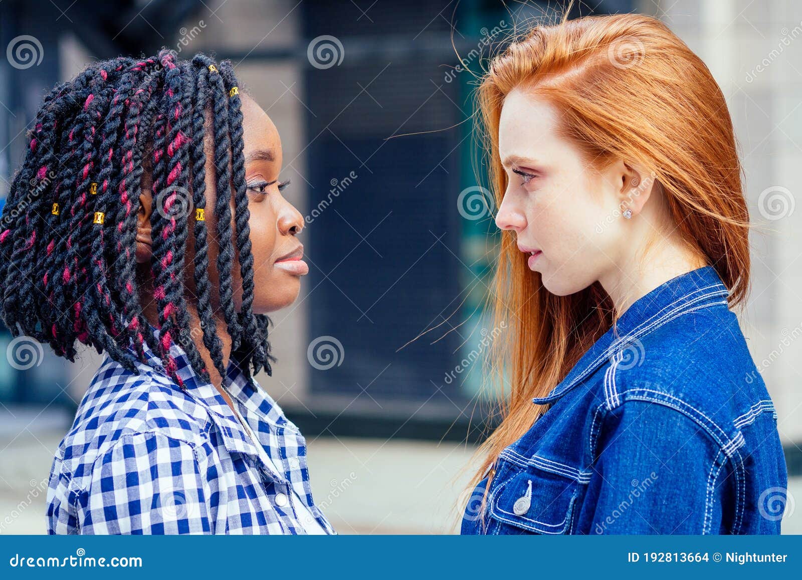 Mulher Ruiva Lésbica E Sua Esposa Africana America Segurando a Bandeira Dos Eua No Centro Da Cidade Foto de Stock foto