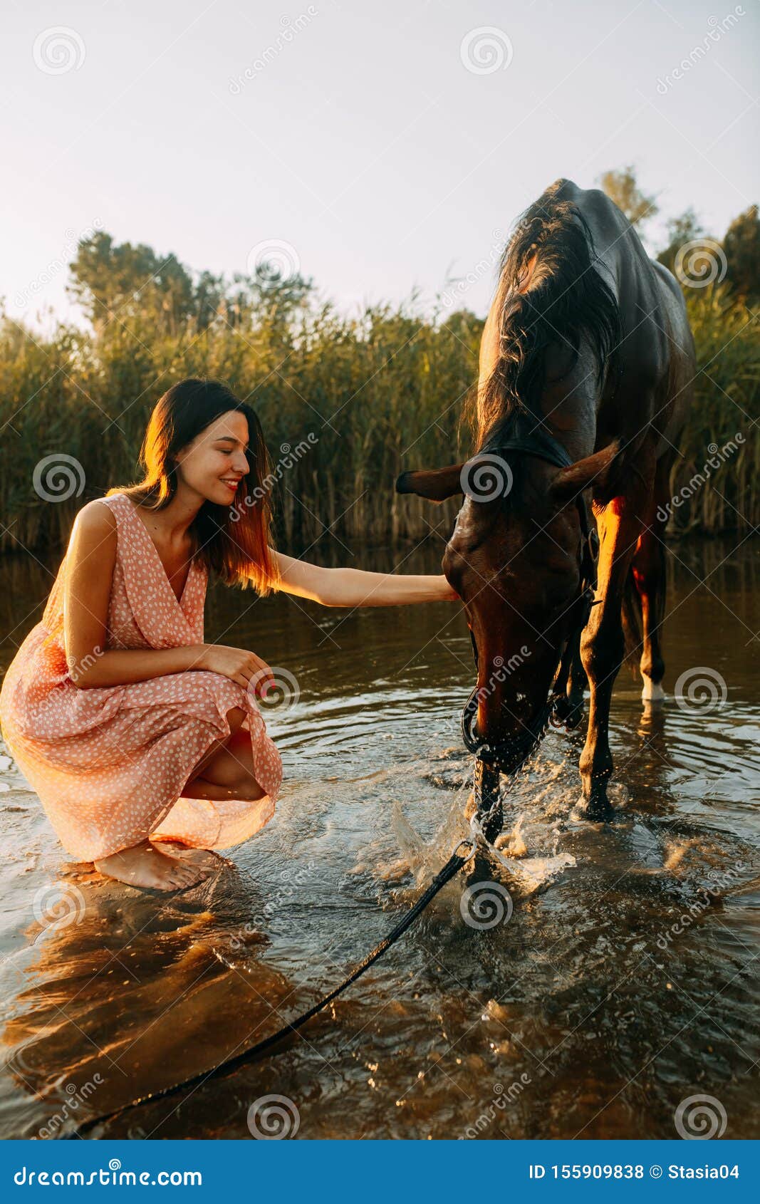 Mulher Bonita Sorrindo Em Frente Ao Cavalo No Pôr Do Sol Imagem de