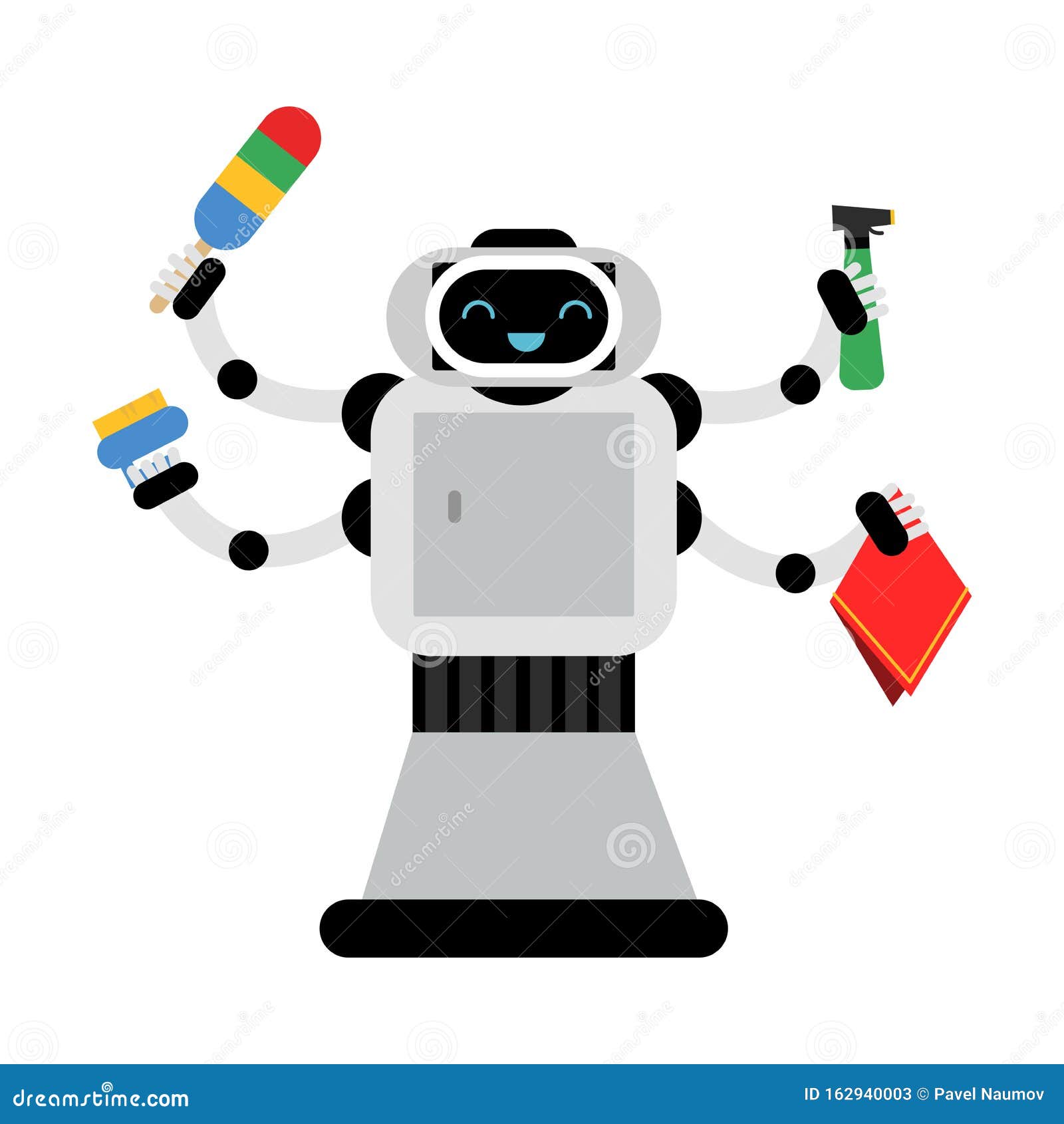 Multi Armed Robot Home Assistant Holds Different Items for Cleaning. Vector  Illustration. Stock Vector - Illustration of cleaner, help: 162940003