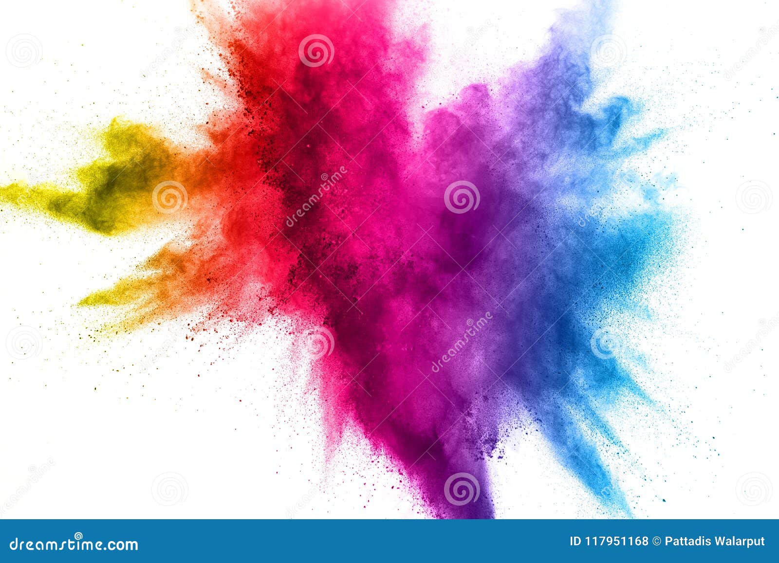 multi color powder explosion on white background.
