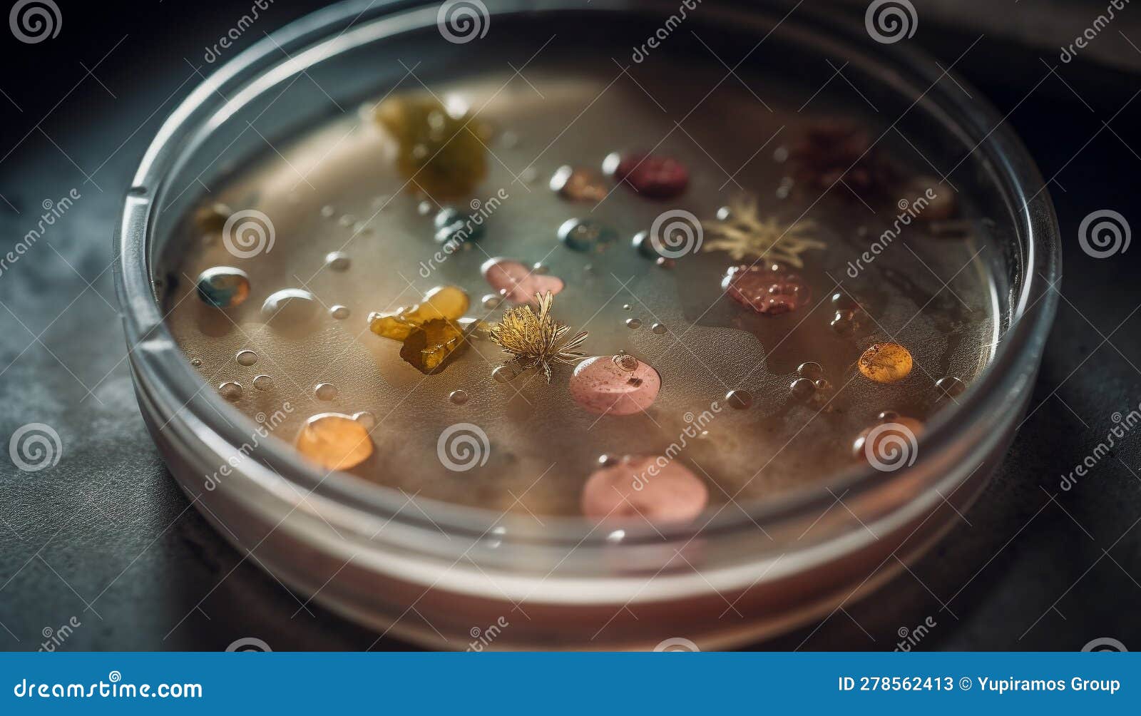 Multi Colored Bacterium Growth in Petri Dish Under Microscope