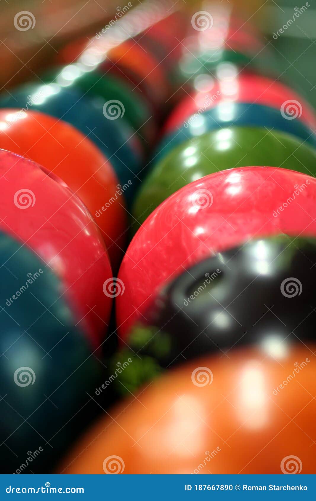 Multi Colored Bowling Balls Lie in Several Rows Stock Photo - Image of ...