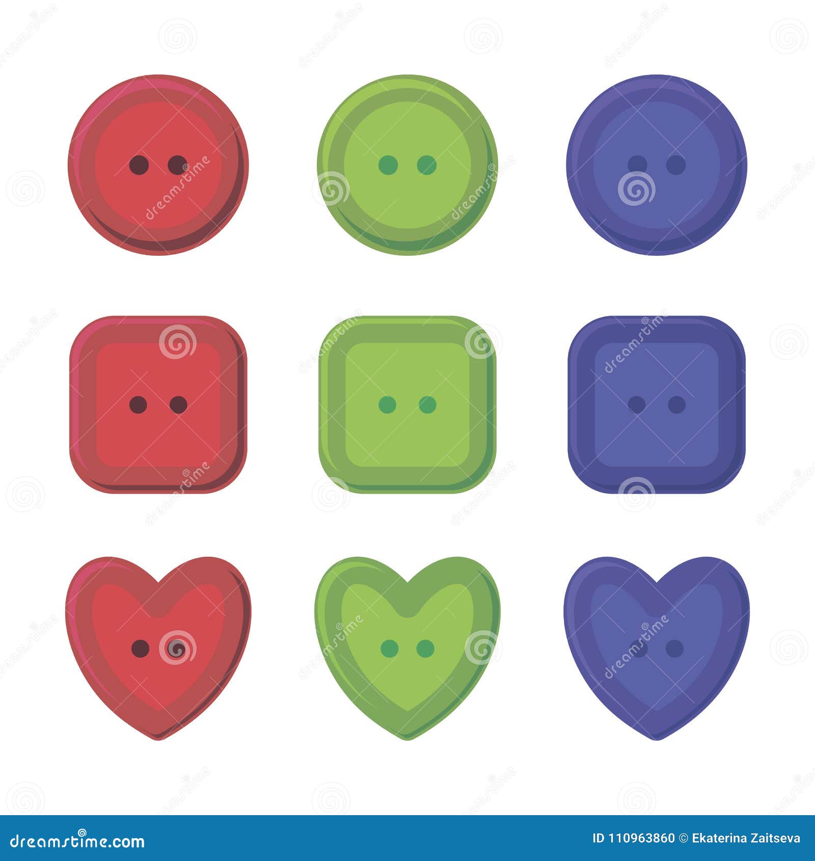 Multi-colored Buttons Round, Square and Heart-shaped Red, Green and ...