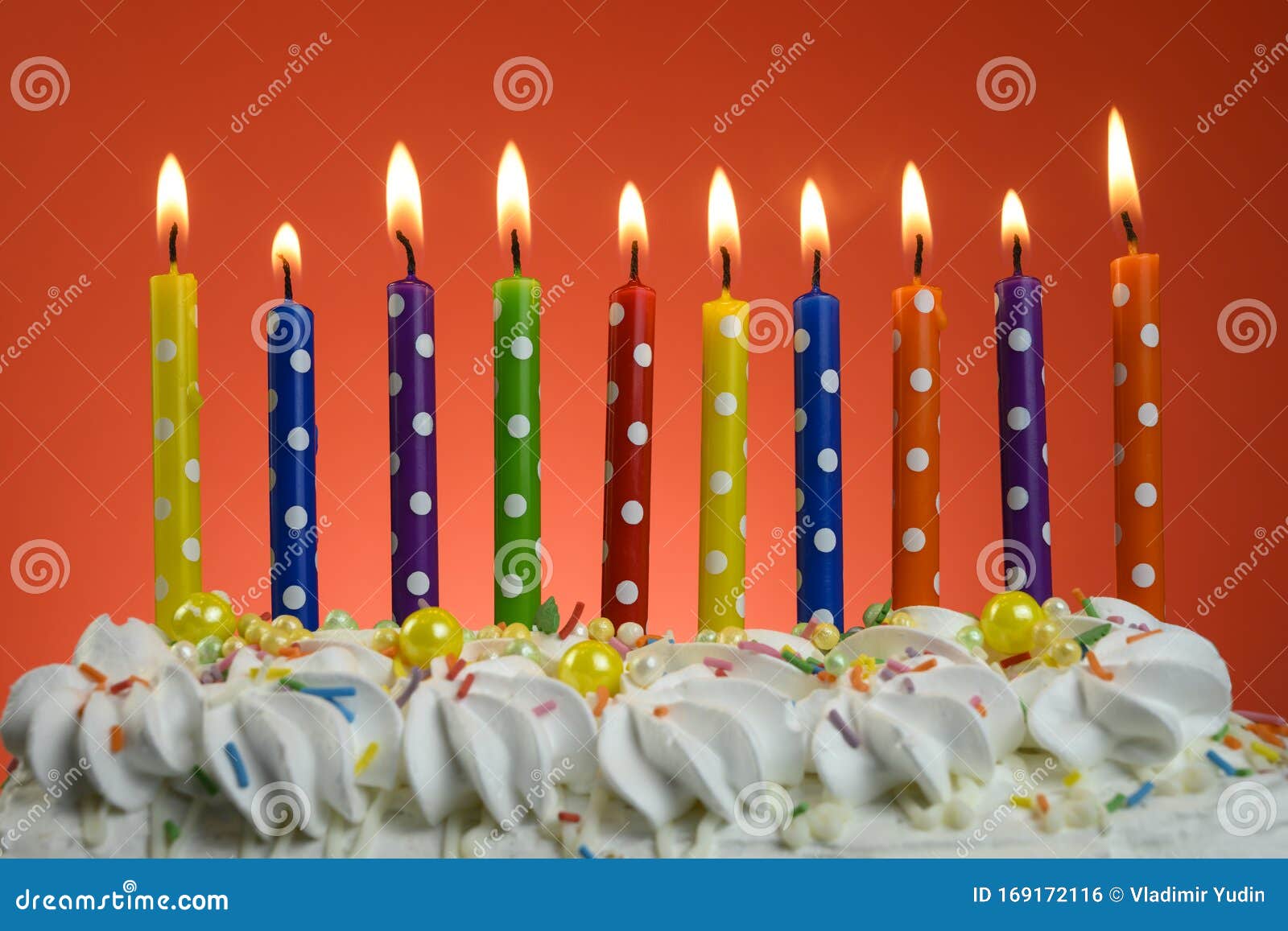 Multicolored Candles Burn on a Birthday Cake Stock Photo Image of