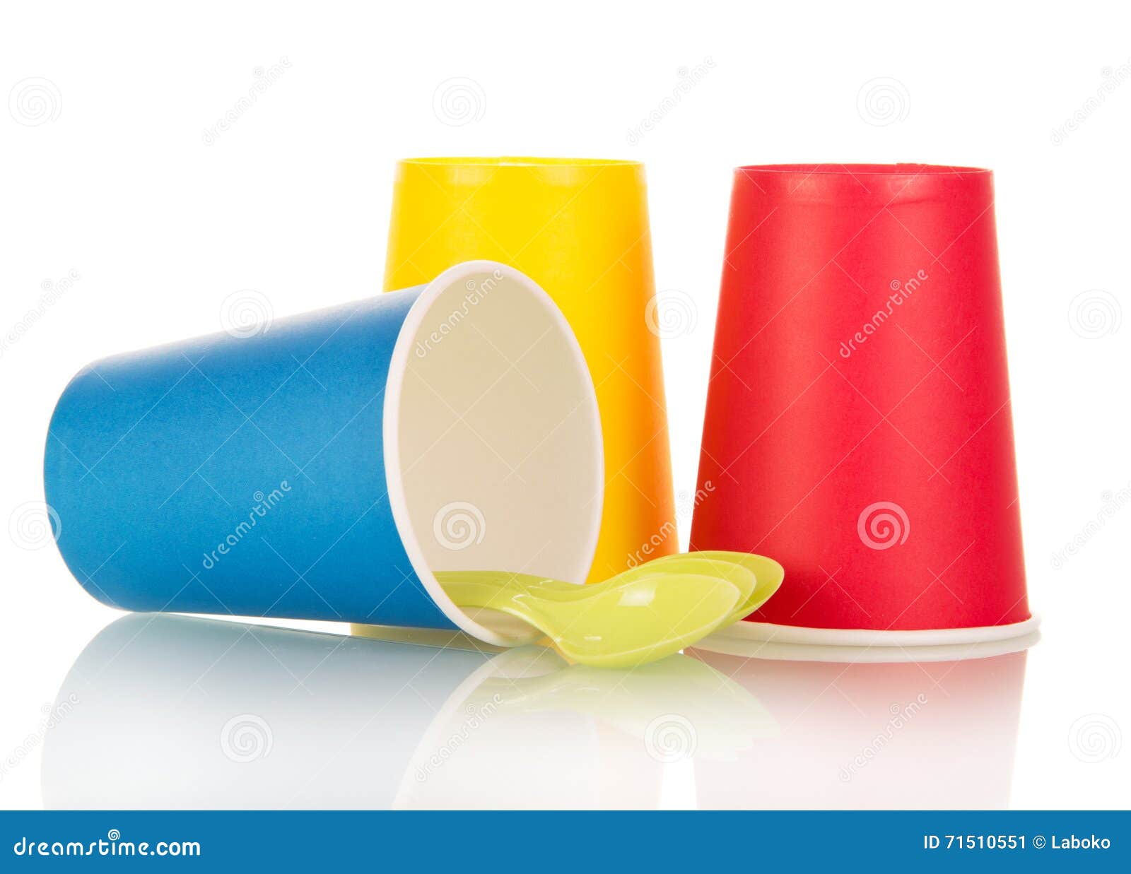 Multicolored Disposable Plastic Cups And Spoons Isolated On White