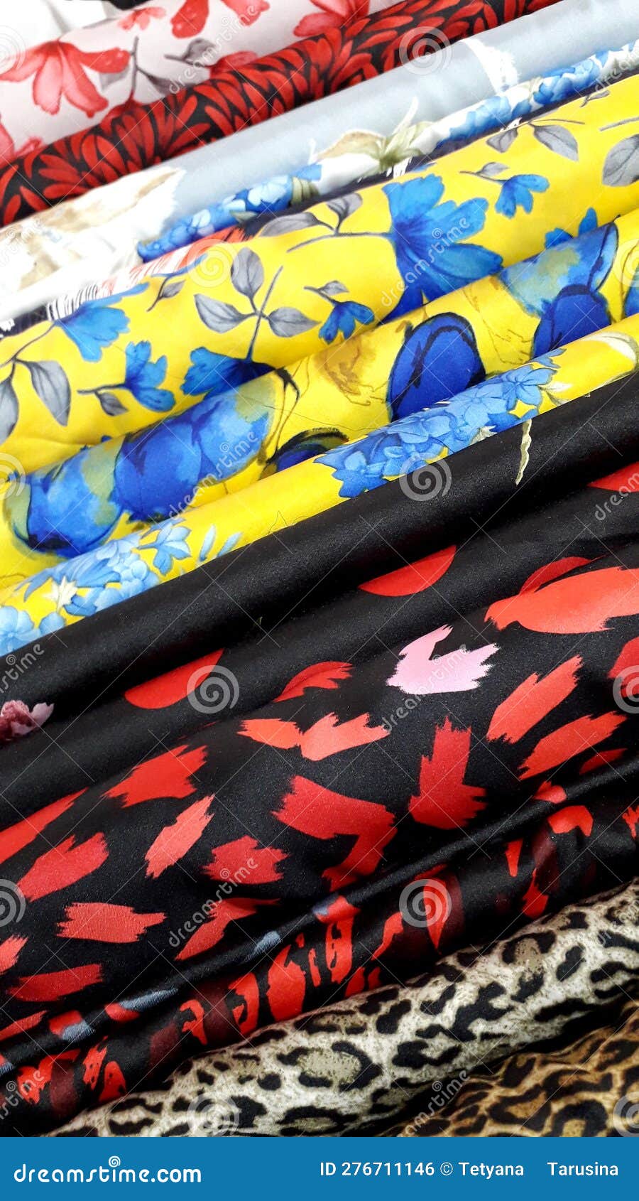 Multicolored Fabrics on Display. Drapery. Textile Stock Photo Image