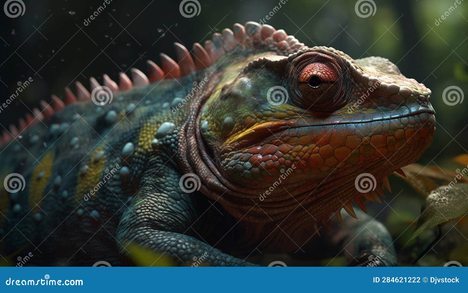 Multi Colored Iguana in Tropical Rainforest, Looking at Camera ...