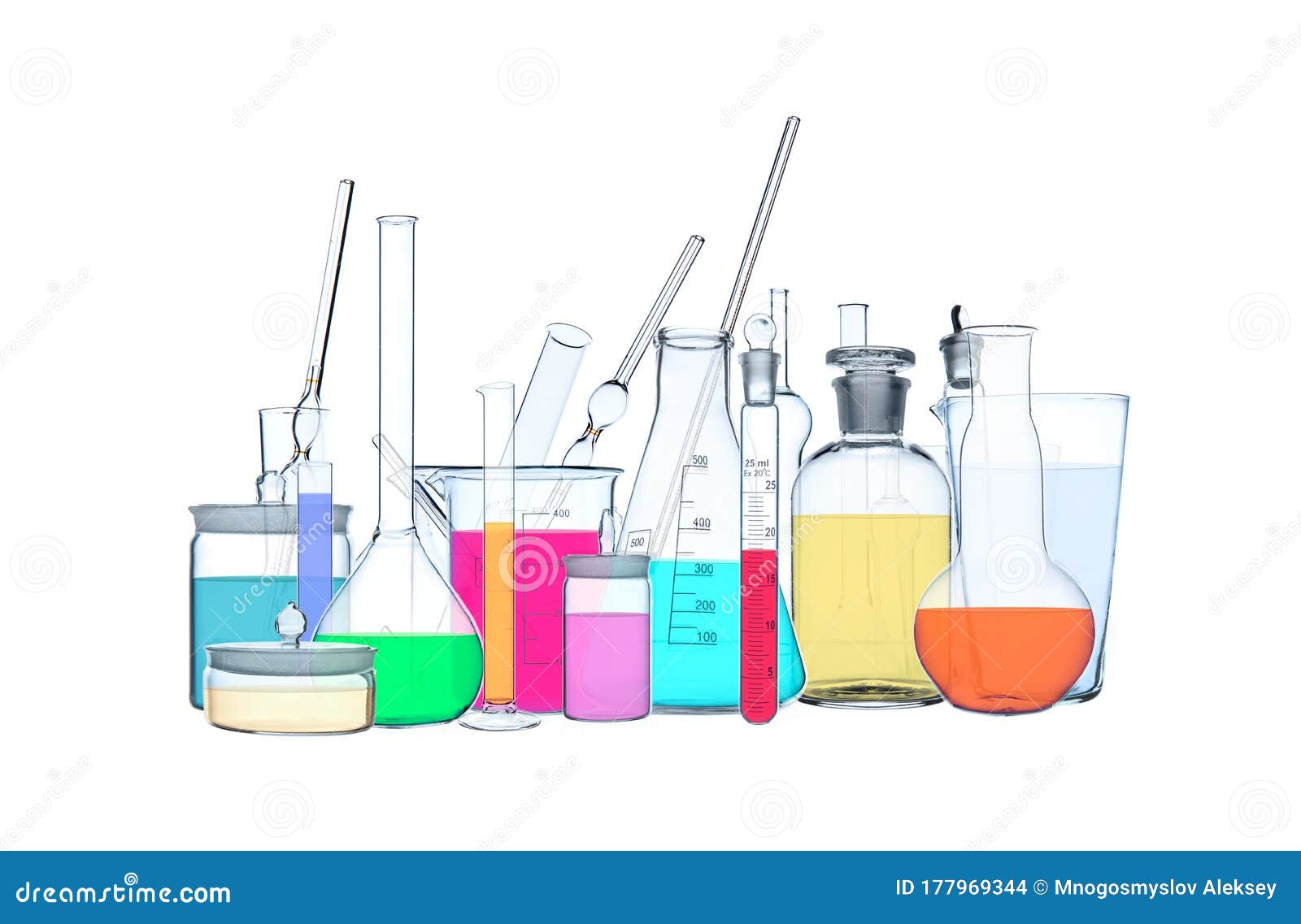 multi-colored laboratory limpid glassware