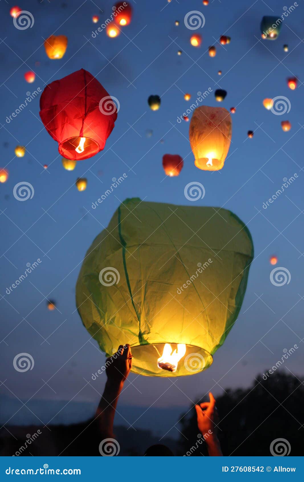 Multicolored Lanterns in the Sky Stock Photo Image of fire, green