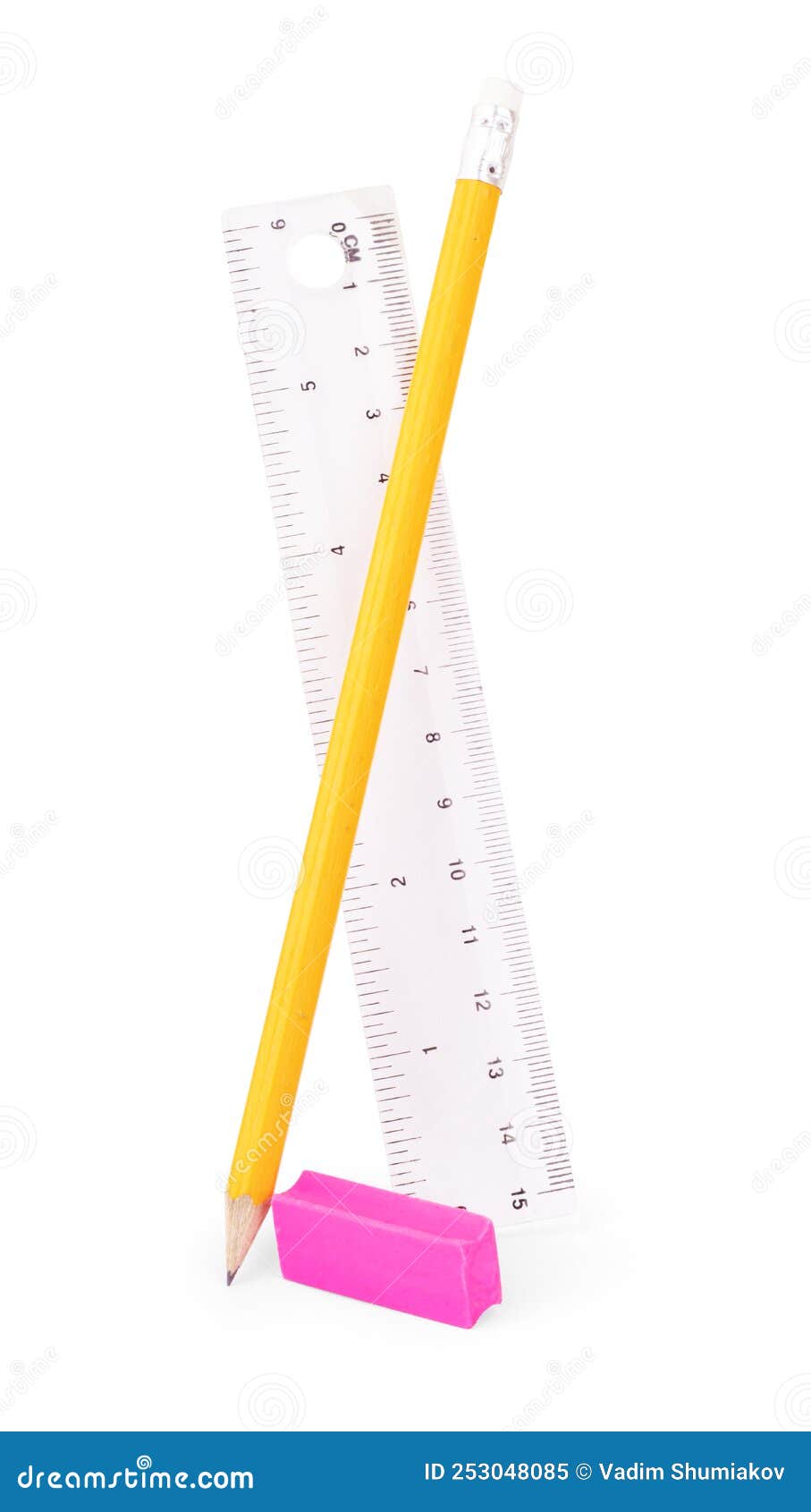 Multicolored Pencils, Eraser, Ruler, Sharpener and Compasses on a