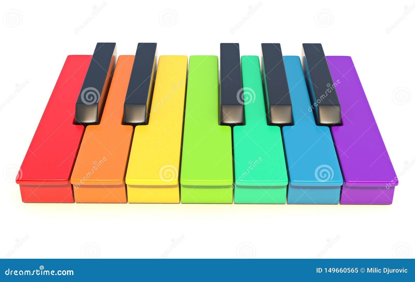 multi colored piano keys one octave front view 3d