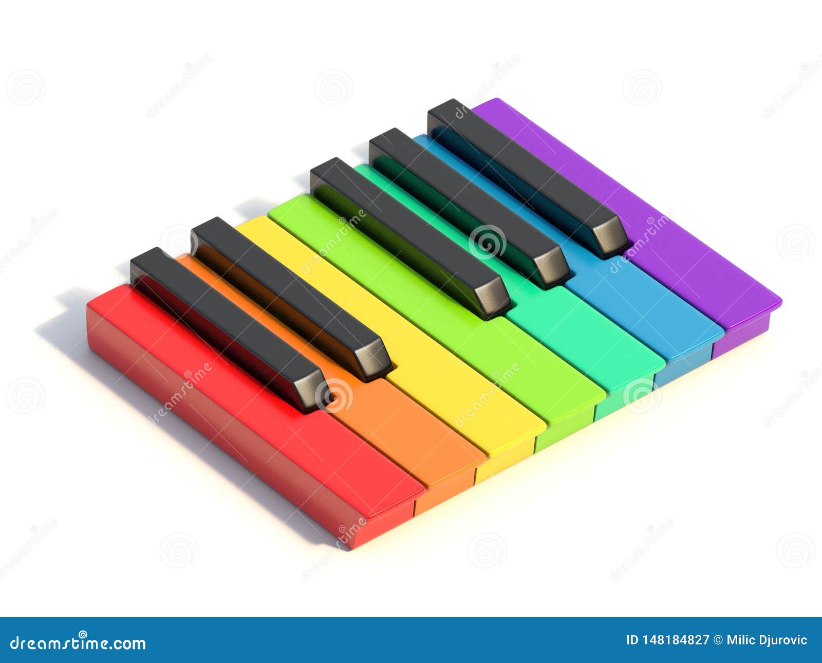 multi colored piano keys one octave side view 3d