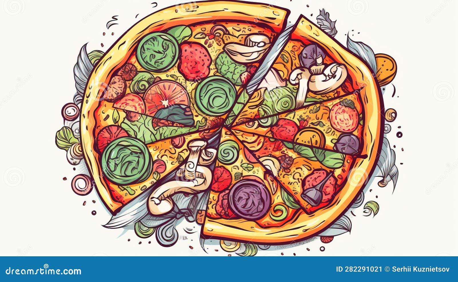 Multicolored Pizza on a White Background is Cut into Pieces, Isolate