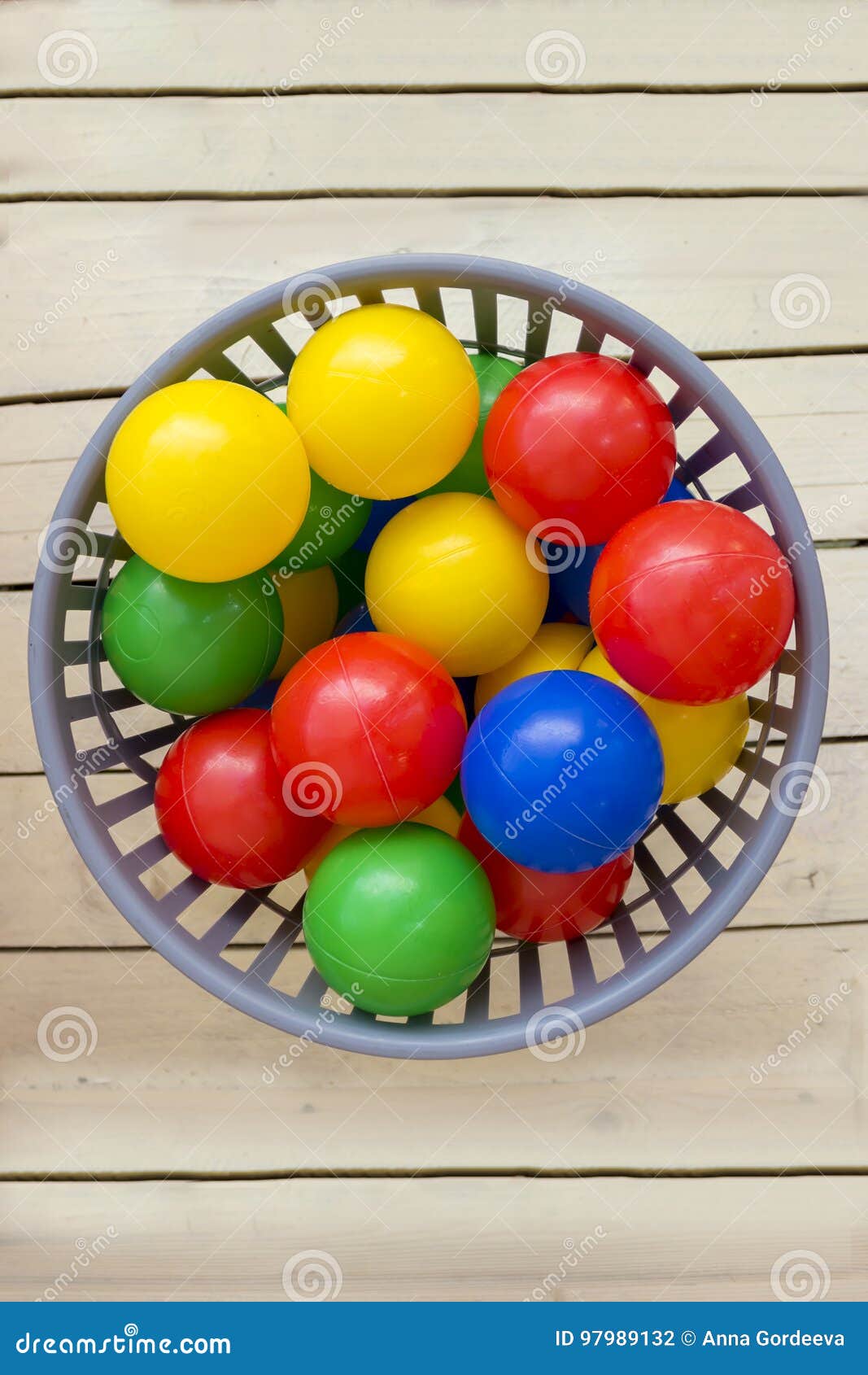 Multicolored Plastic Balls in a Gray Basket. Stock Photo Image of