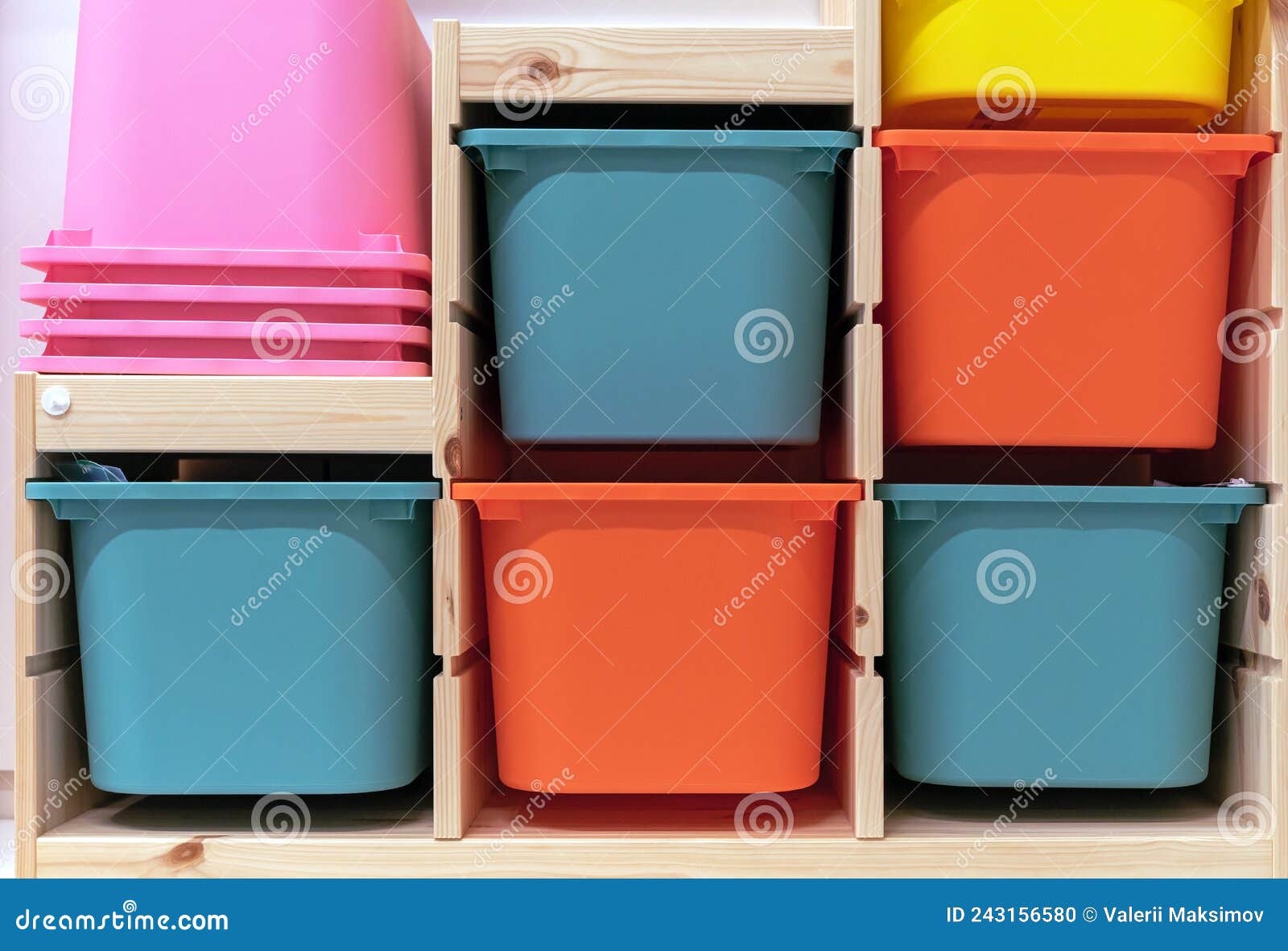 Multicolored Plastic Containers for Storing Children`s Things Stock