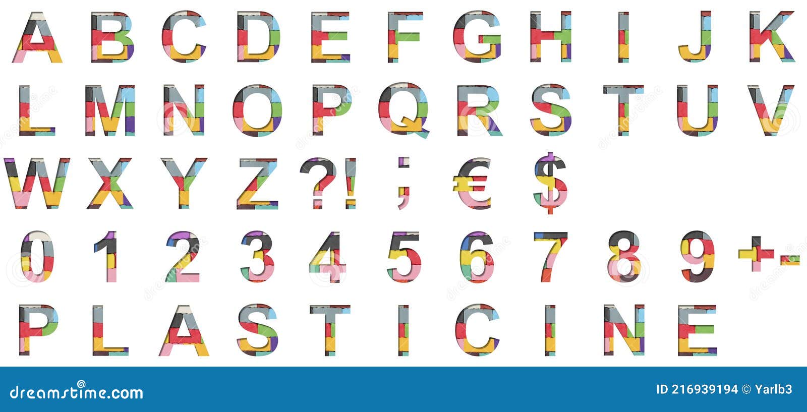 multi-colored plasticine font. alphabet letters abcdefghijklmnopqrstuvwxyz and digits 1234567890 set cut out of paper on a