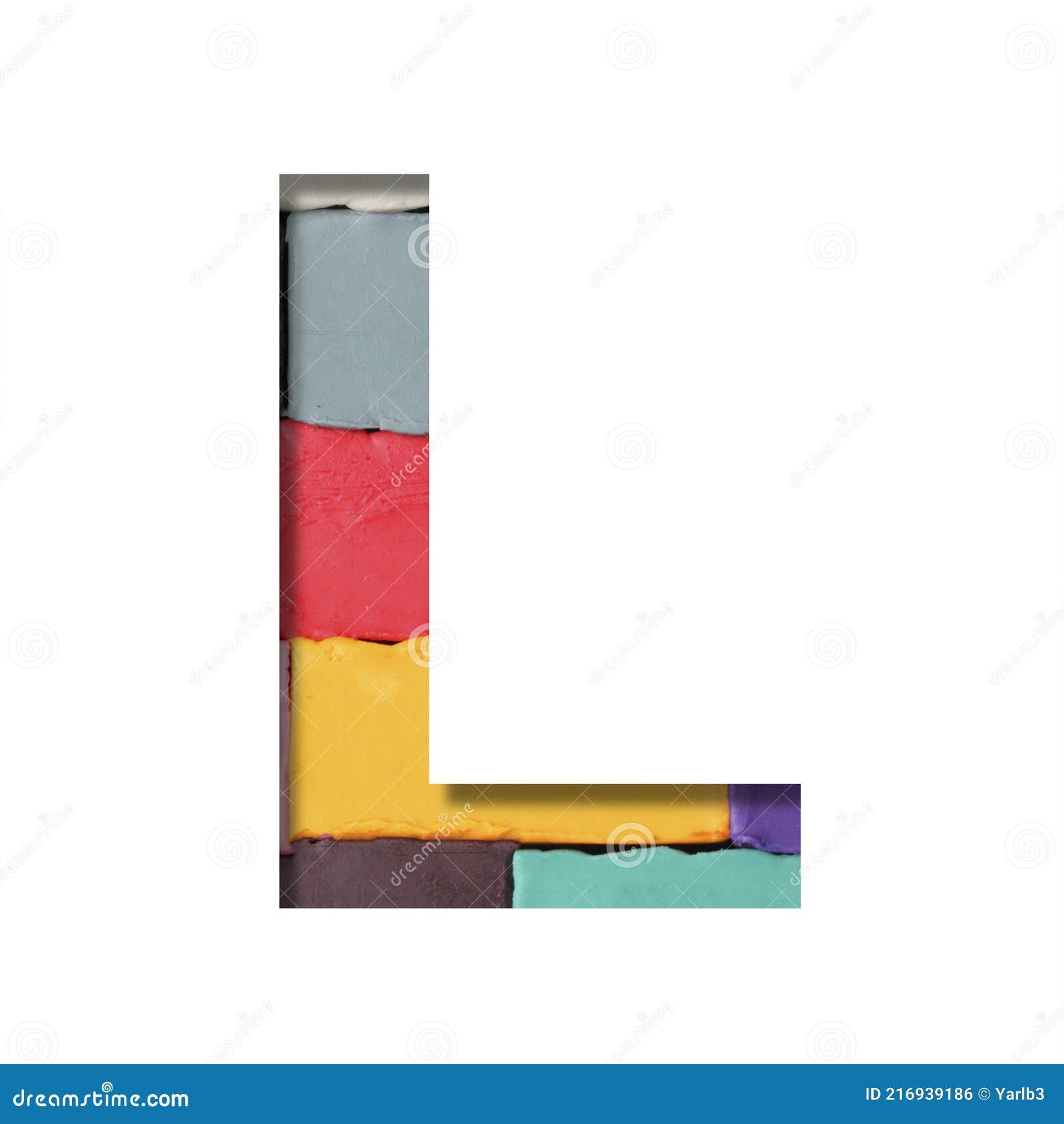 multi-colored plasticine font. letter l cut out of paper on a background of pieces of colored plasticine. a set of volumetric
