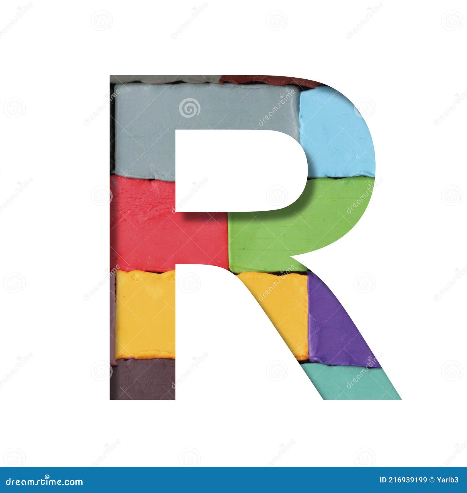 multi-colored plasticine font. letter r cut out of paper on a background of pieces of colored plasticine. a set of volumetric