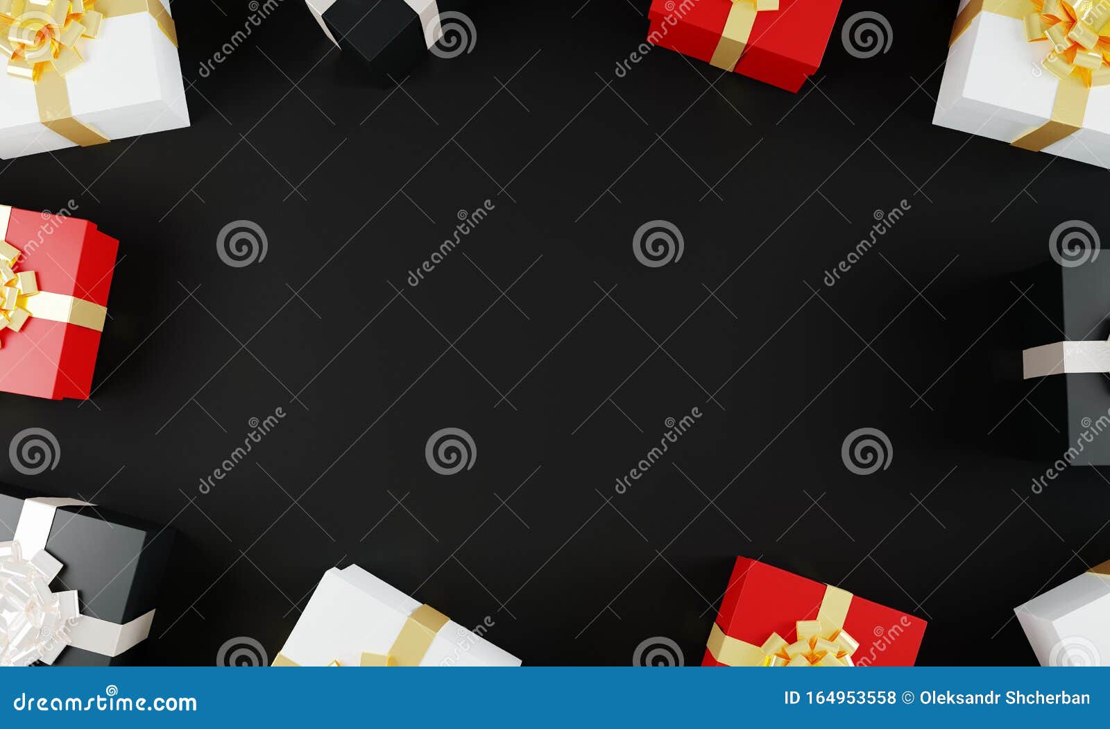 multi-colored present boxes on black background mockup. top view. holiday presents concept. black friday sale concept.