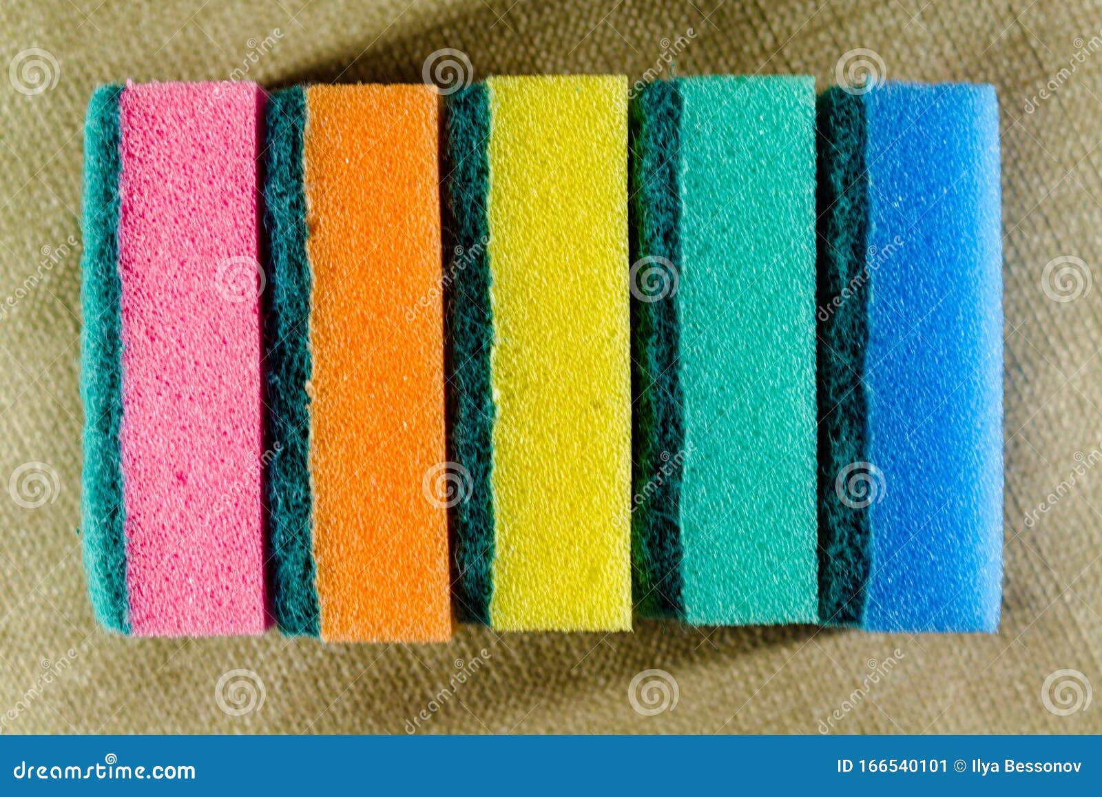 Multicolored Sponges in a Row. Microfiber Material. for Dish Washing