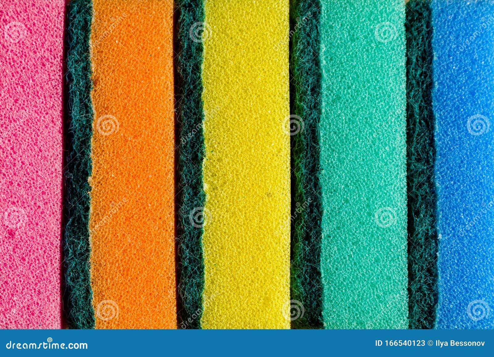 Multicolored Sponges In A Row. Microfiber Material. For Dish Washing
