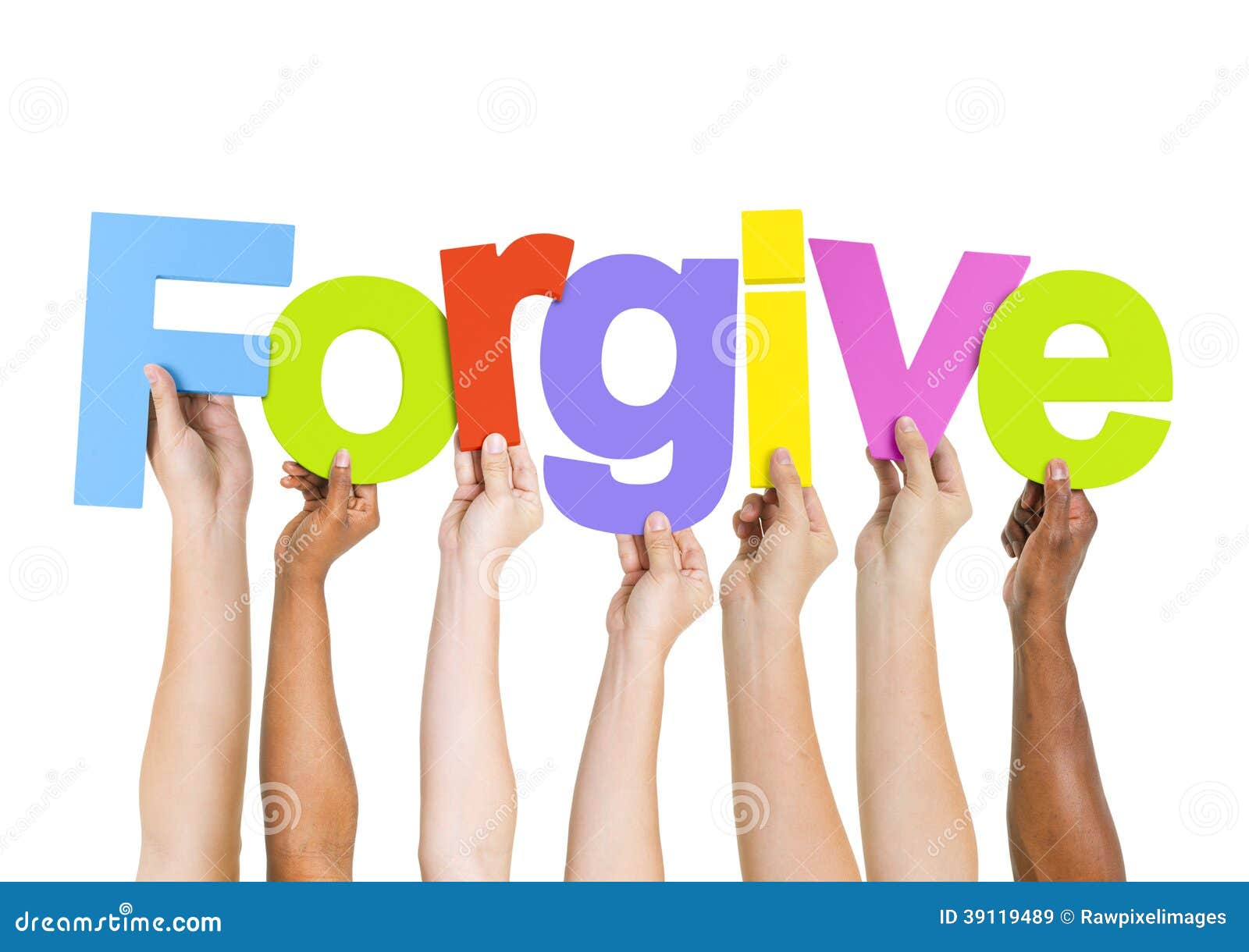 multi-ethnic hands holding the word forgive