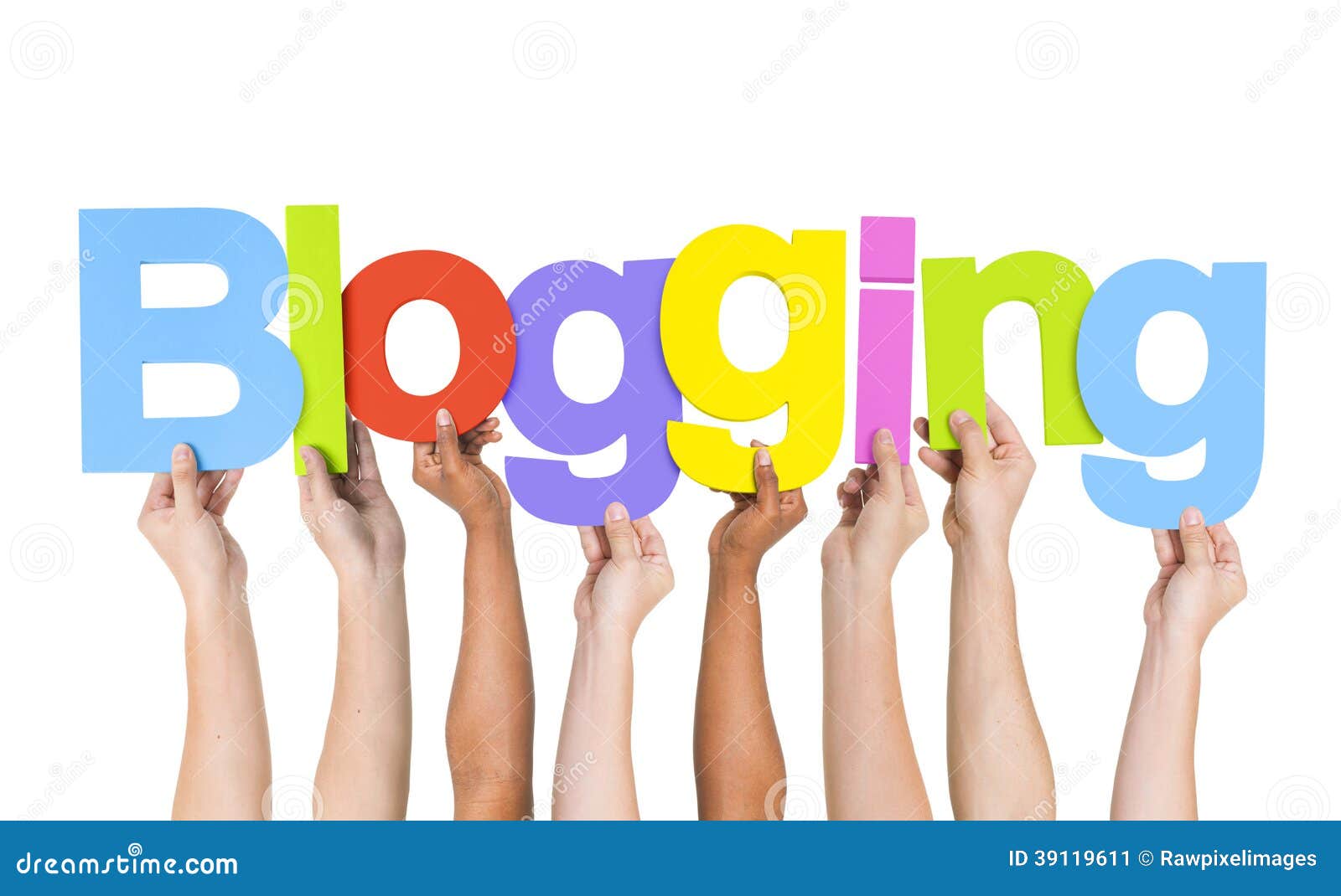 multi ethnic people holding the word blogging