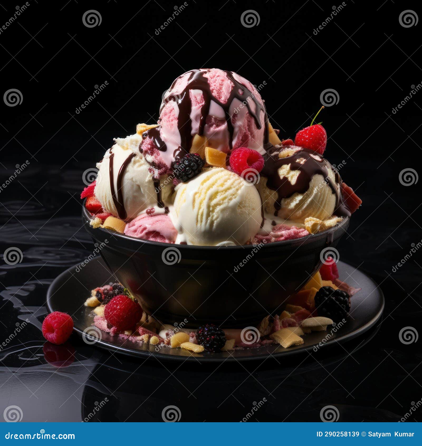 Multi Flavour Ice Cream on Bowl on Black Background Generative AI Stock