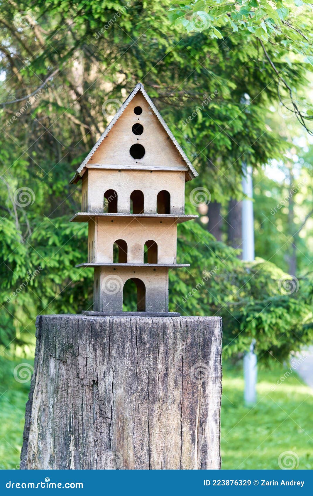 Multistorey Bird House on a Tree Stump in the Park Stock Image Image