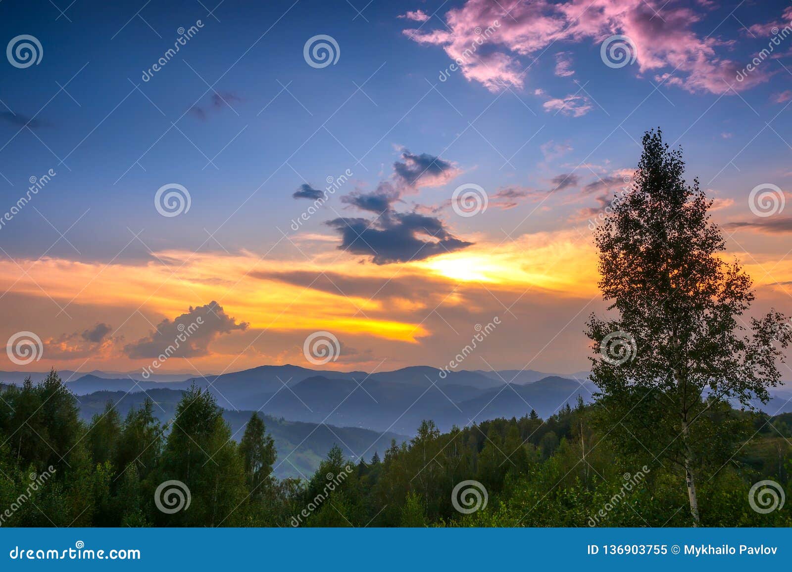 Multicolor Sunset Sky in Forested Mountains Stock Image - Image of dusk