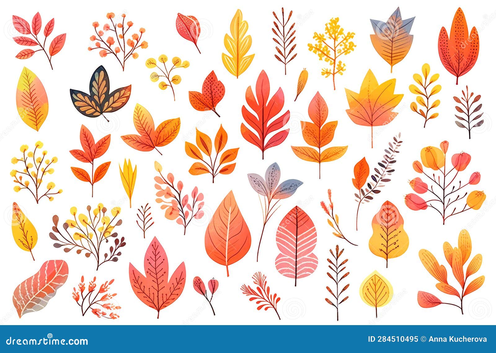 multicolored autumn leaves, herbs and tree branches, collection of digital s  on white. generative ai