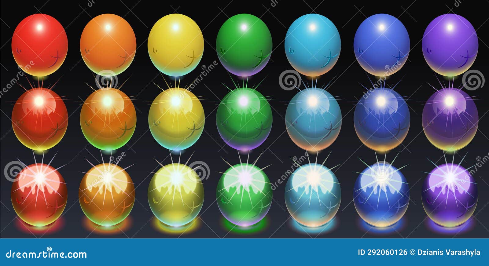 multicolored balls on a dark background, illuminated from below, made of matte, metal and glass material