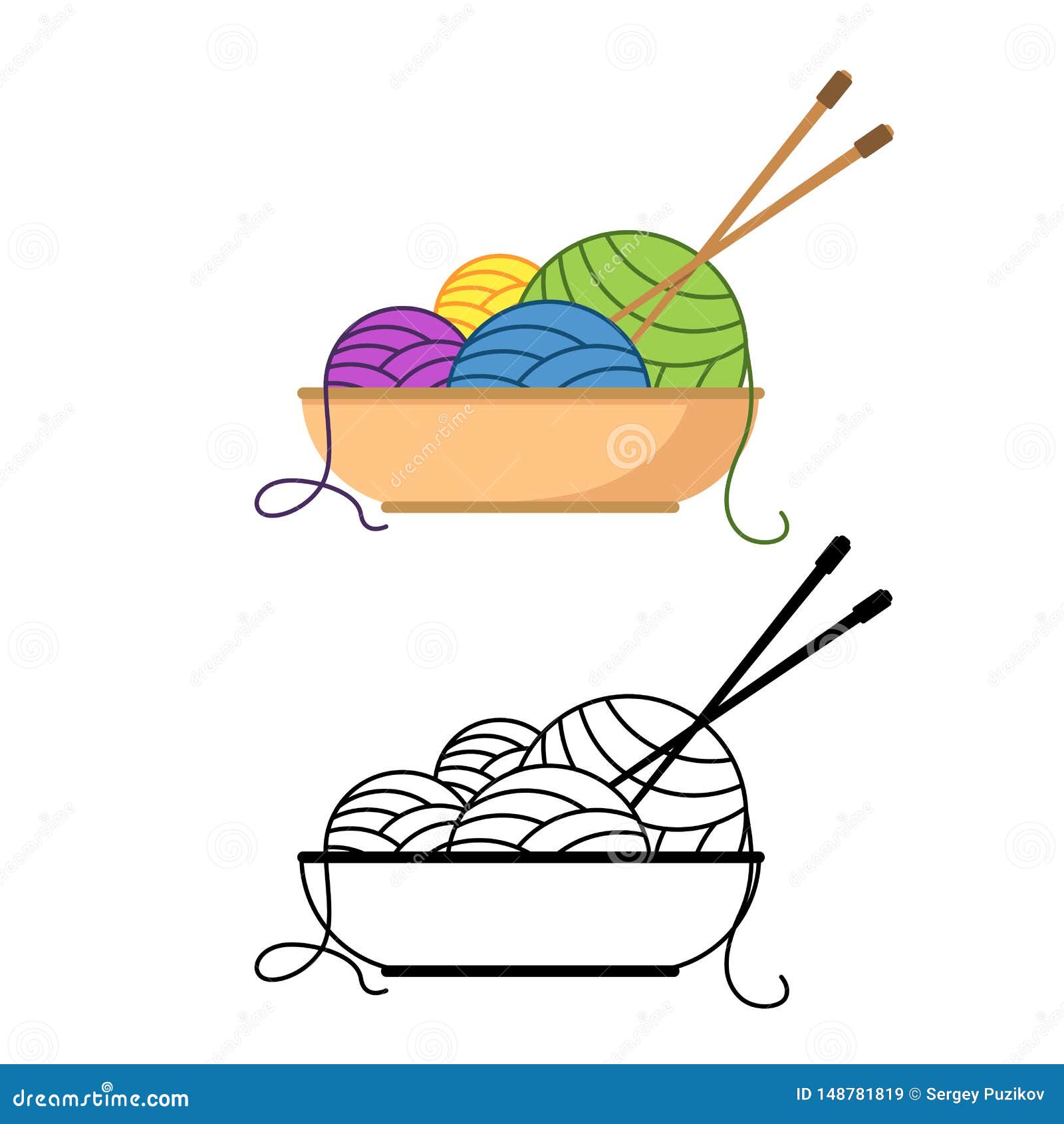 Multicolored Balls of Yarn Lie in a Bowl with Knitting Needles Vector