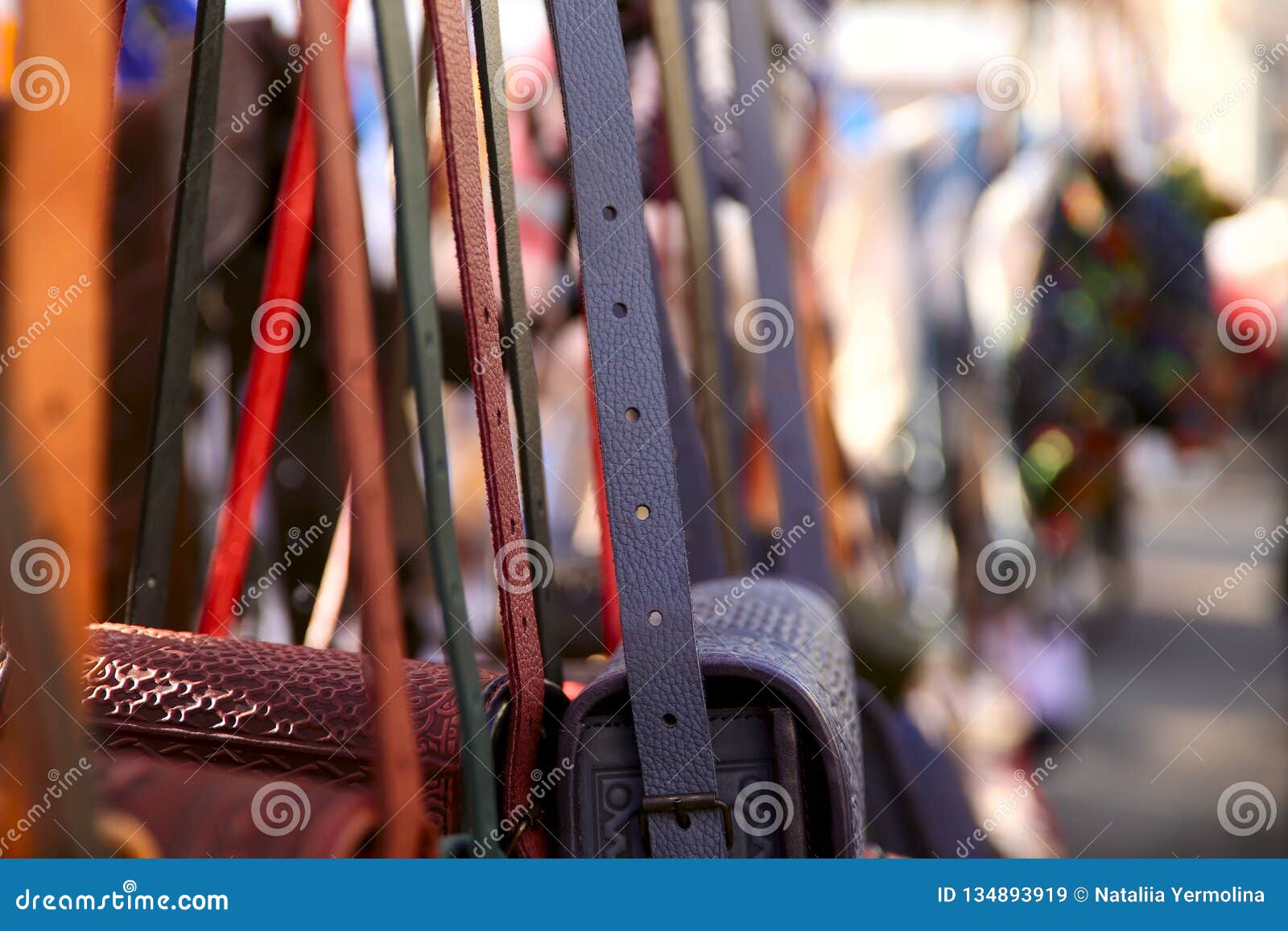 Multicolored Belts from Bags in the Shop Window on the Market. Stock ...